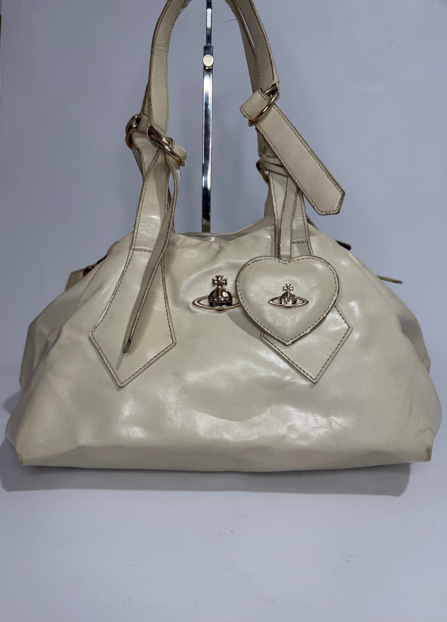 Vivienne Westwood Cream Leather Orb Heart Charm Shoulder Bag