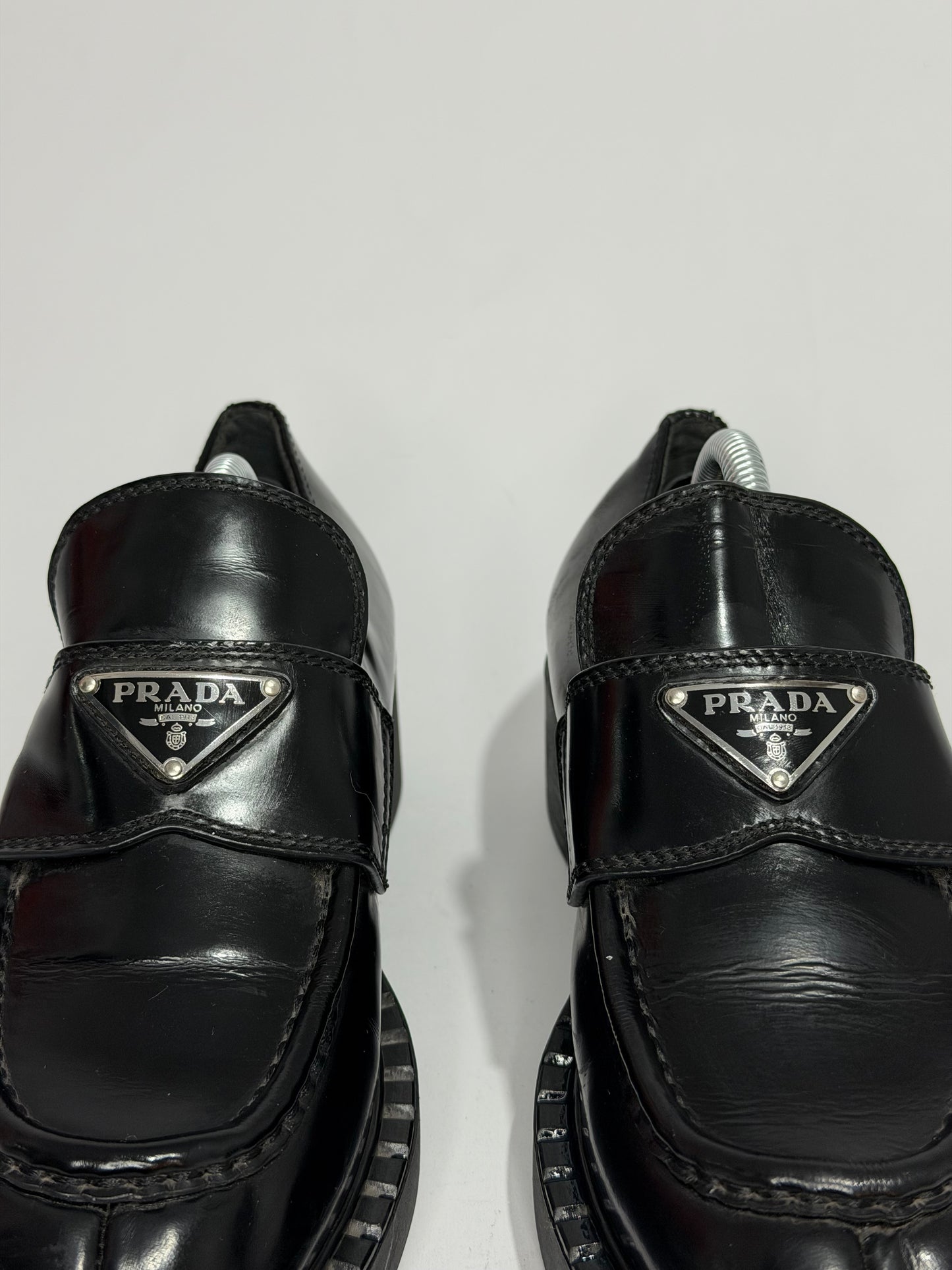 PRADA Vernice Metal Triangle Logo 50mm Loafers Size 37 EU/7 US/ 4 UK