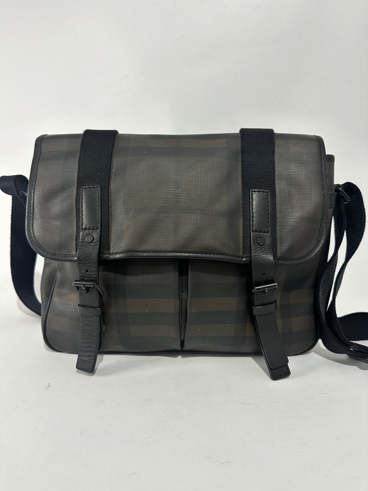 Burberry Grifford Messenger Bag Smoked Check Coated Canvas