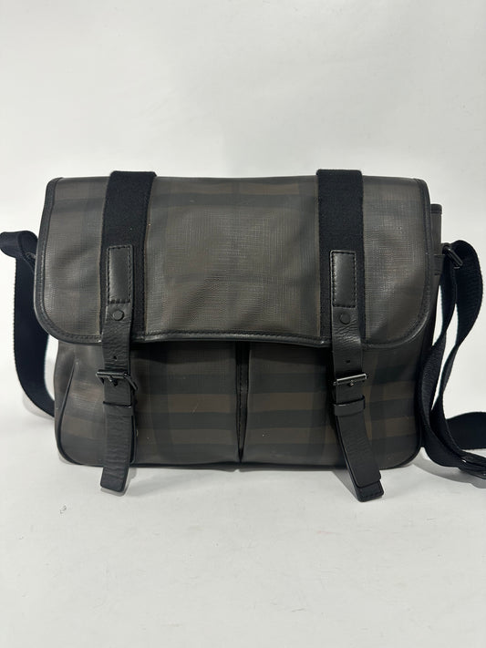 Burberry Grifford Messenger Bag Smoked Check Coated Canvas