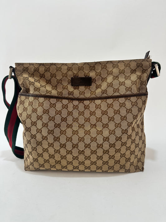 GUCCI 
Monogram Web Medium Flat Messenger Bag Brown