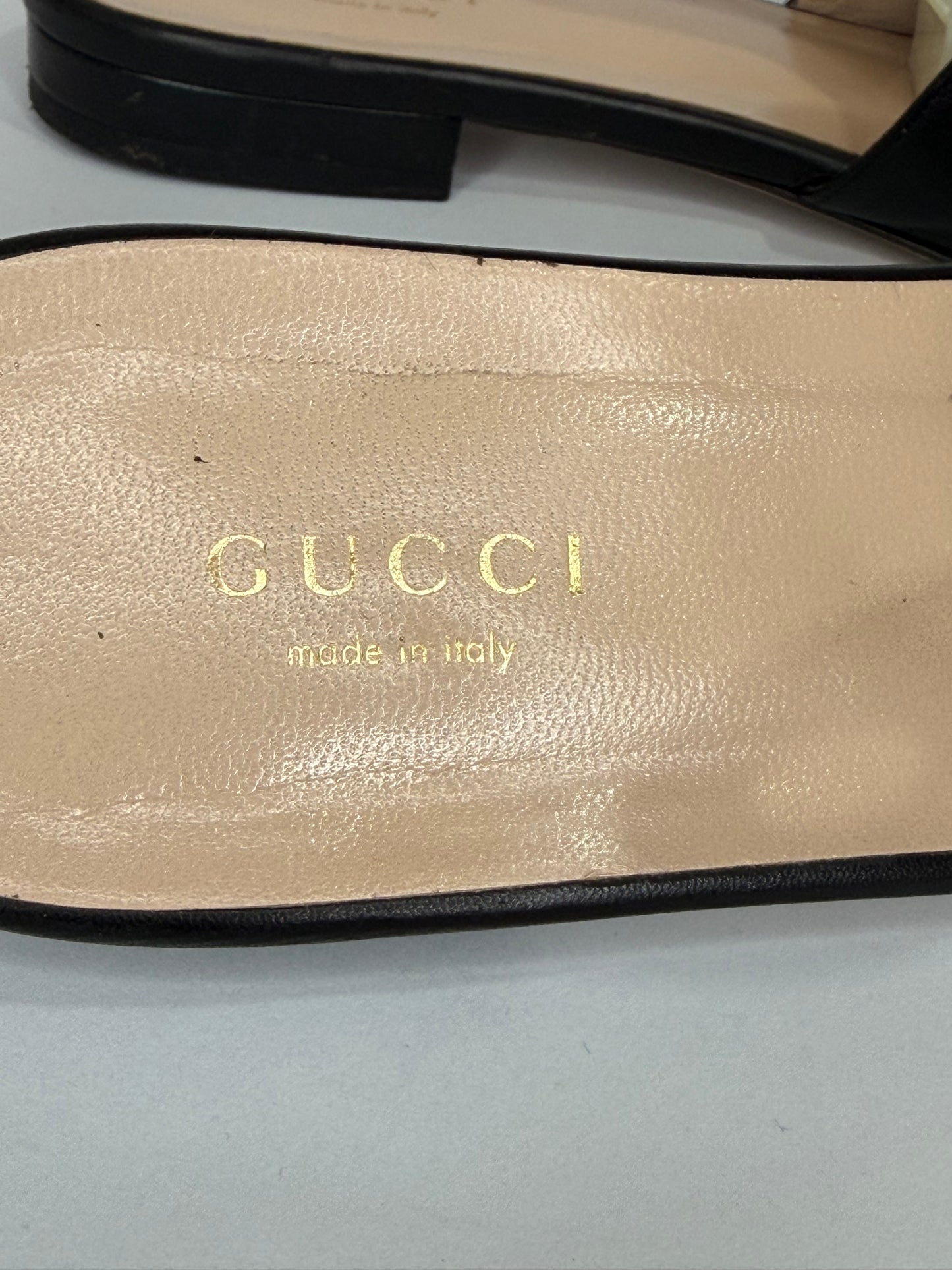 Gucci Black Leather GG Malaga Kid Flat Mules Size 37.5 EU/ 7.5 US