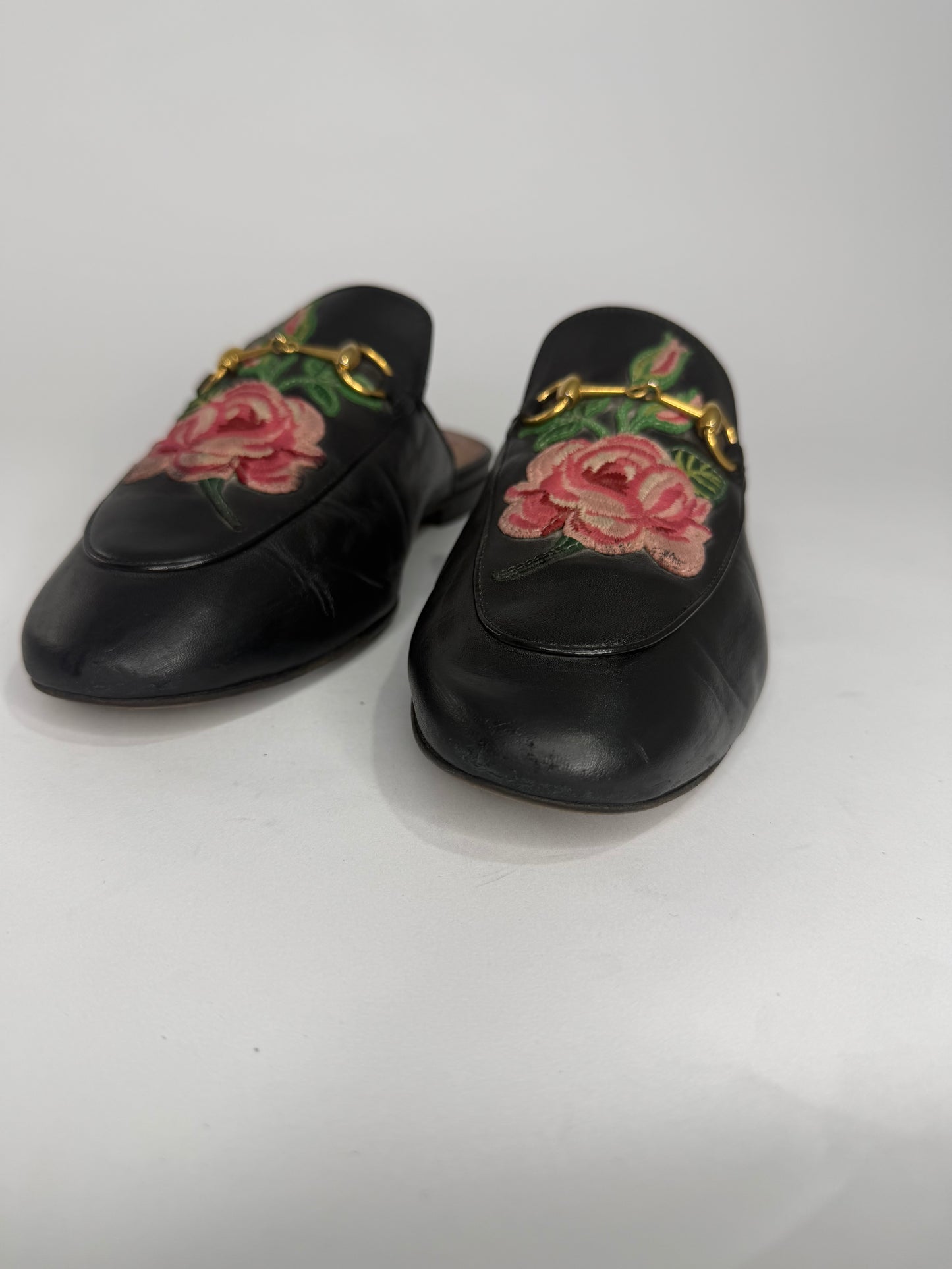 Gucci Black Leather Rose Embroidered Princetown Horsebit Flat Mules Size 39 EU/ 9 US / 6 UK