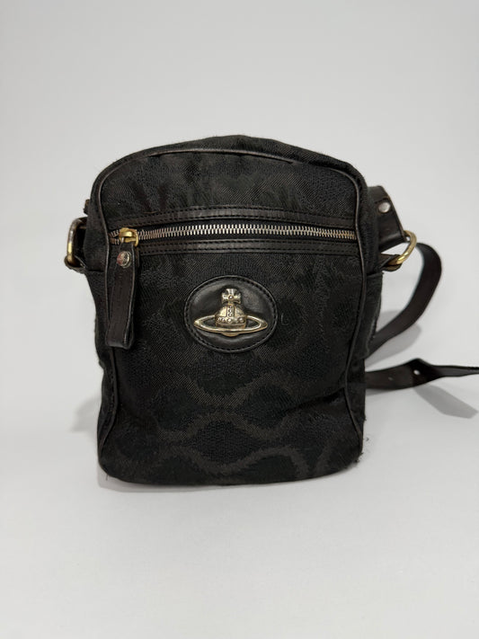 Vivienne Westwood Orb Jacquard Mini Crossbody Bag – Black Canvas & Leather Trim