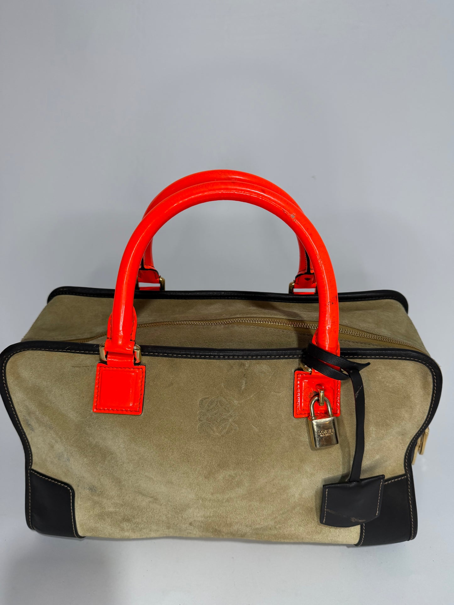 Loewe Amazona Suede & Leather Handbag Neon Orange Handles Beige Satchel Bag