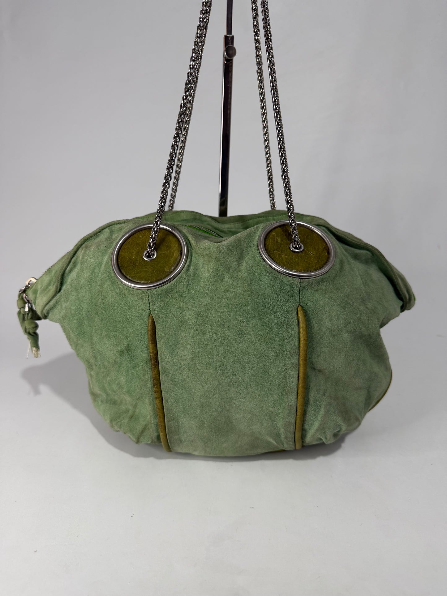 Bottega Veneta Green Suede Chain Shoulder Bag with Oversized Grommets