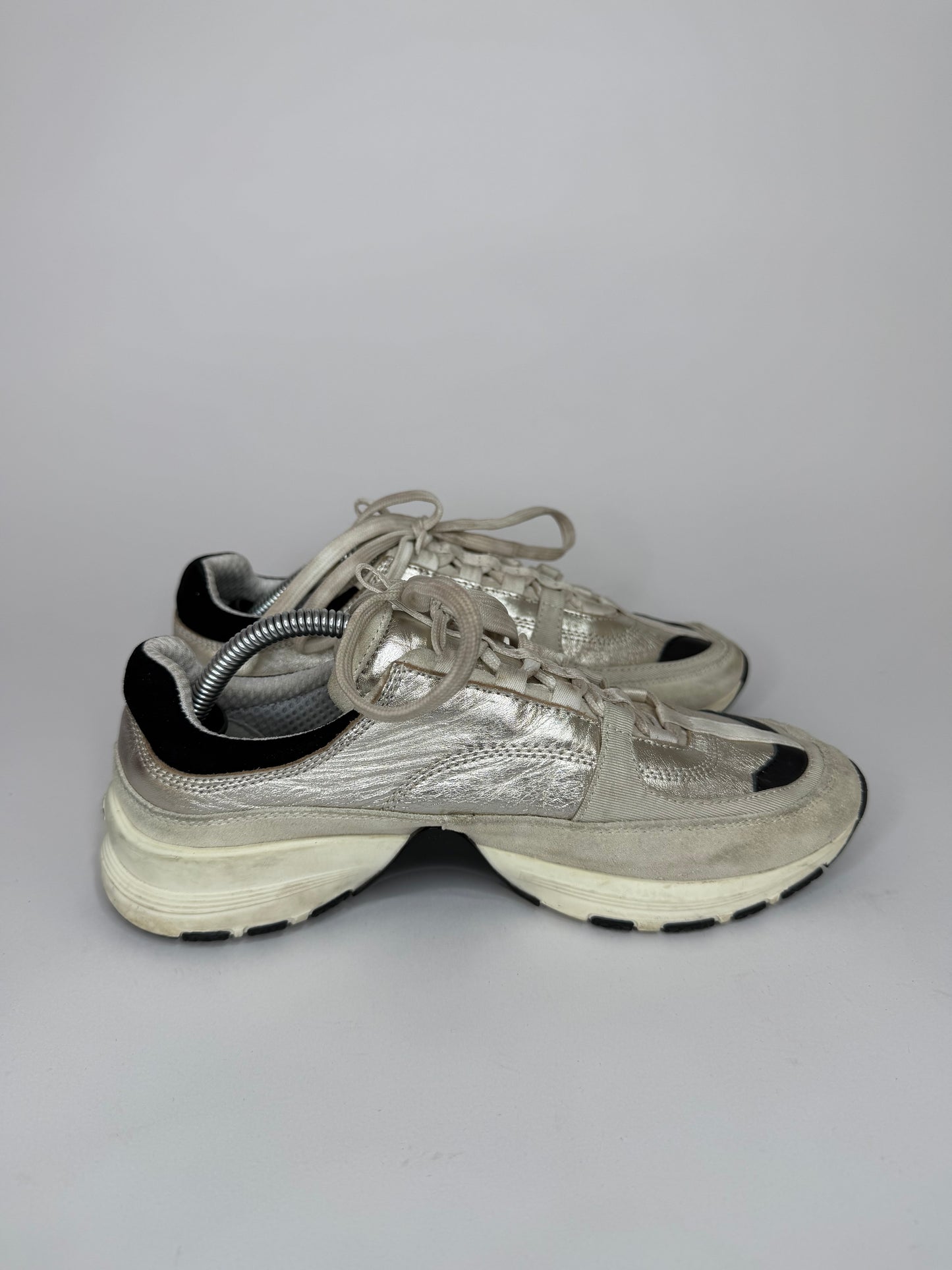 Chanel Metallic Silver CC Low Top Sneakers EU 38/ 8 US