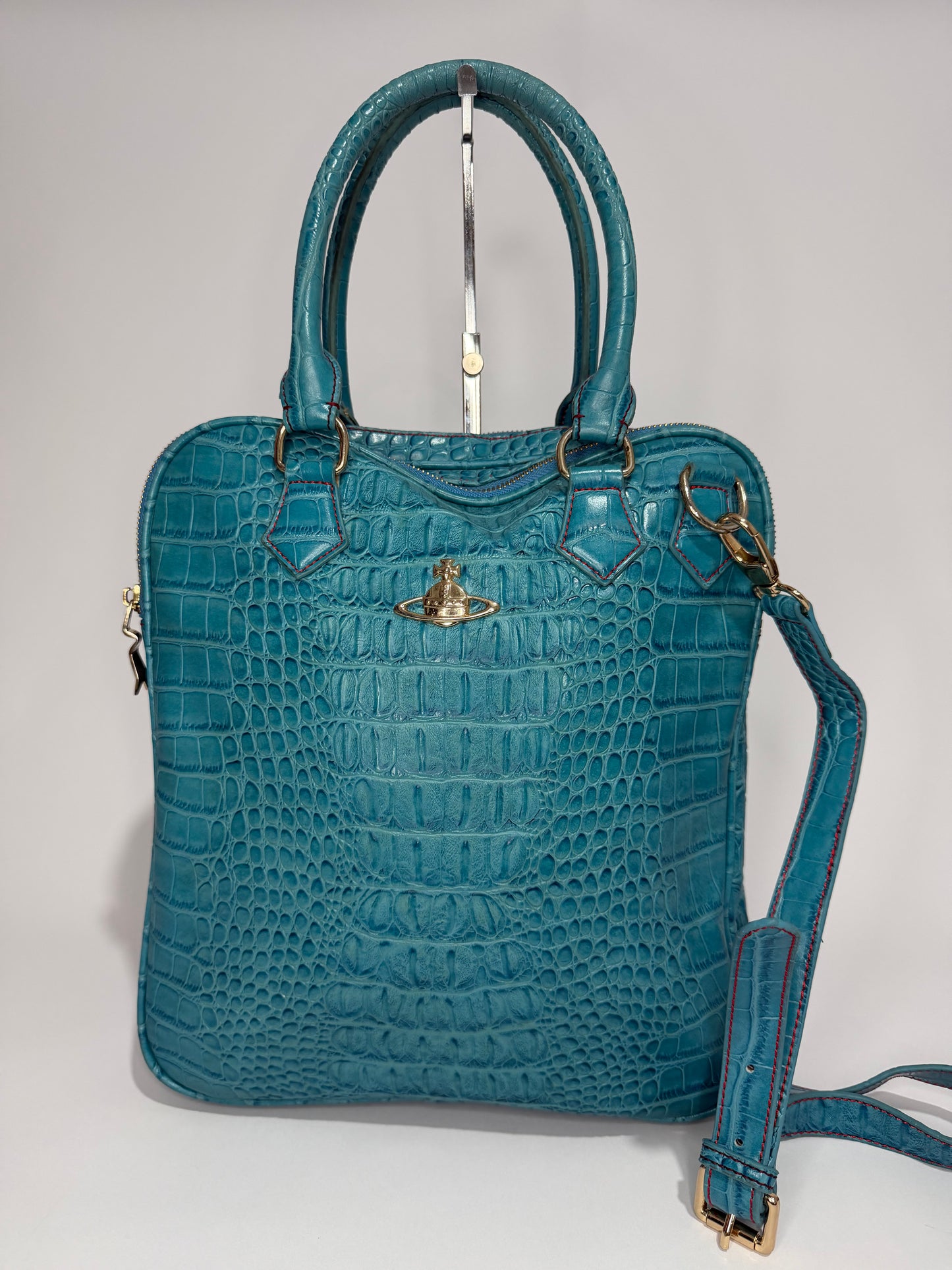 Vivienne Westwood Croc-Embossed Leather Top Handle Bag – Teal Blue Orb Logo Satchel w/ Strap