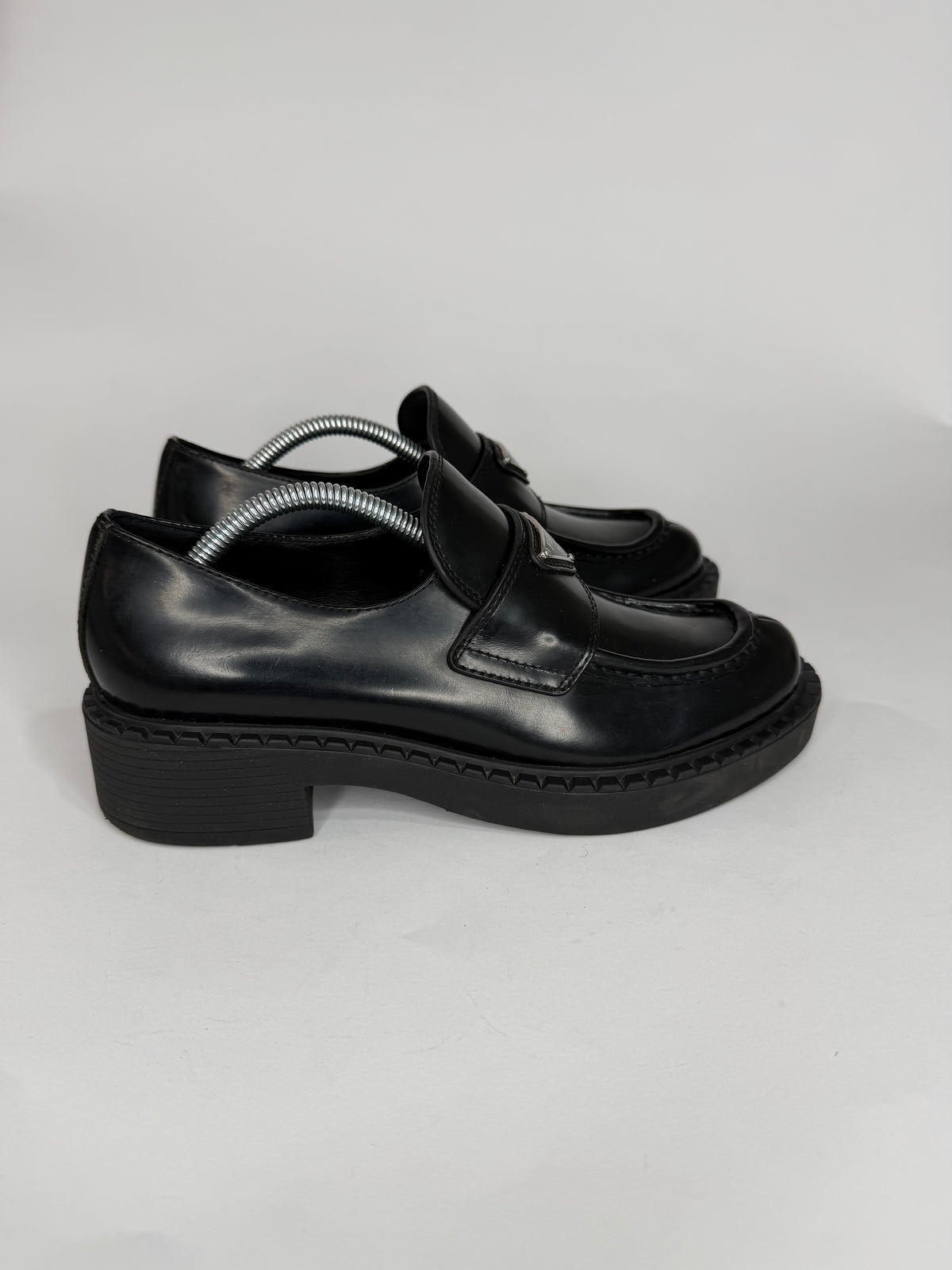 PRADA Vernice Metal Triangle Logo 50mm Loafers Size 37 EU/7 US/ 4 UK