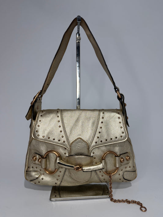GUCCI X Tom Ford
Metallic Calfskin Horsebit Chain Studded Flap Shoulder Bag Gold