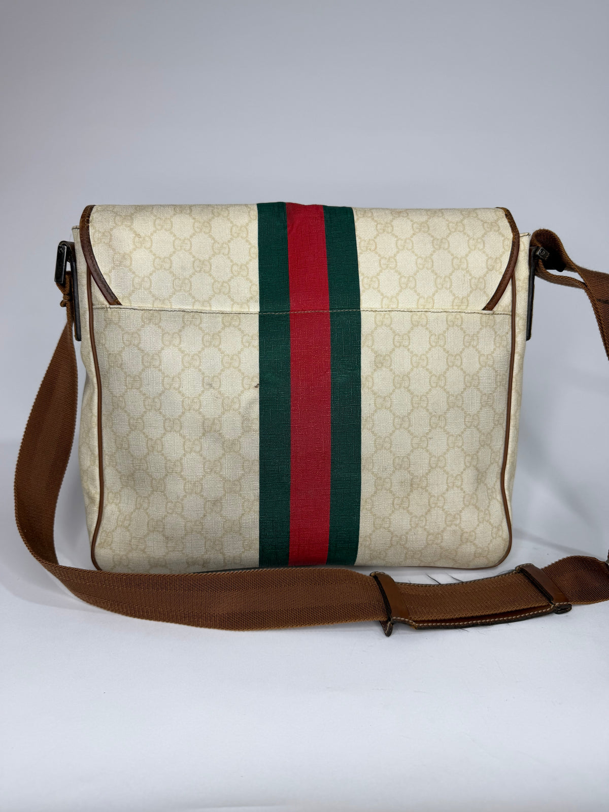Gucci Vintage GG Supreme Beige Monogram Web Stripe Messenger Shoulder Bag