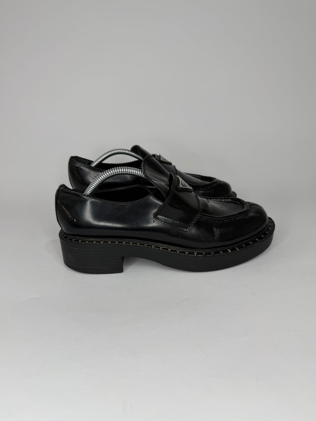 PRADA Vernice Metal Triangle Logo 50mm Loafers Size 38 EU/8 US/ 5 UK