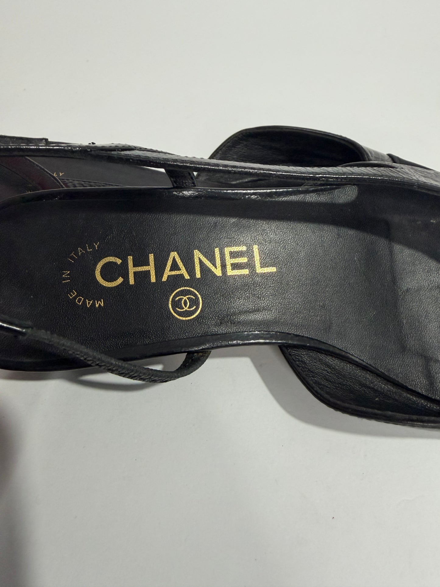 Chanel Black Leather And Patent Cap Toe Slingback Flats Size