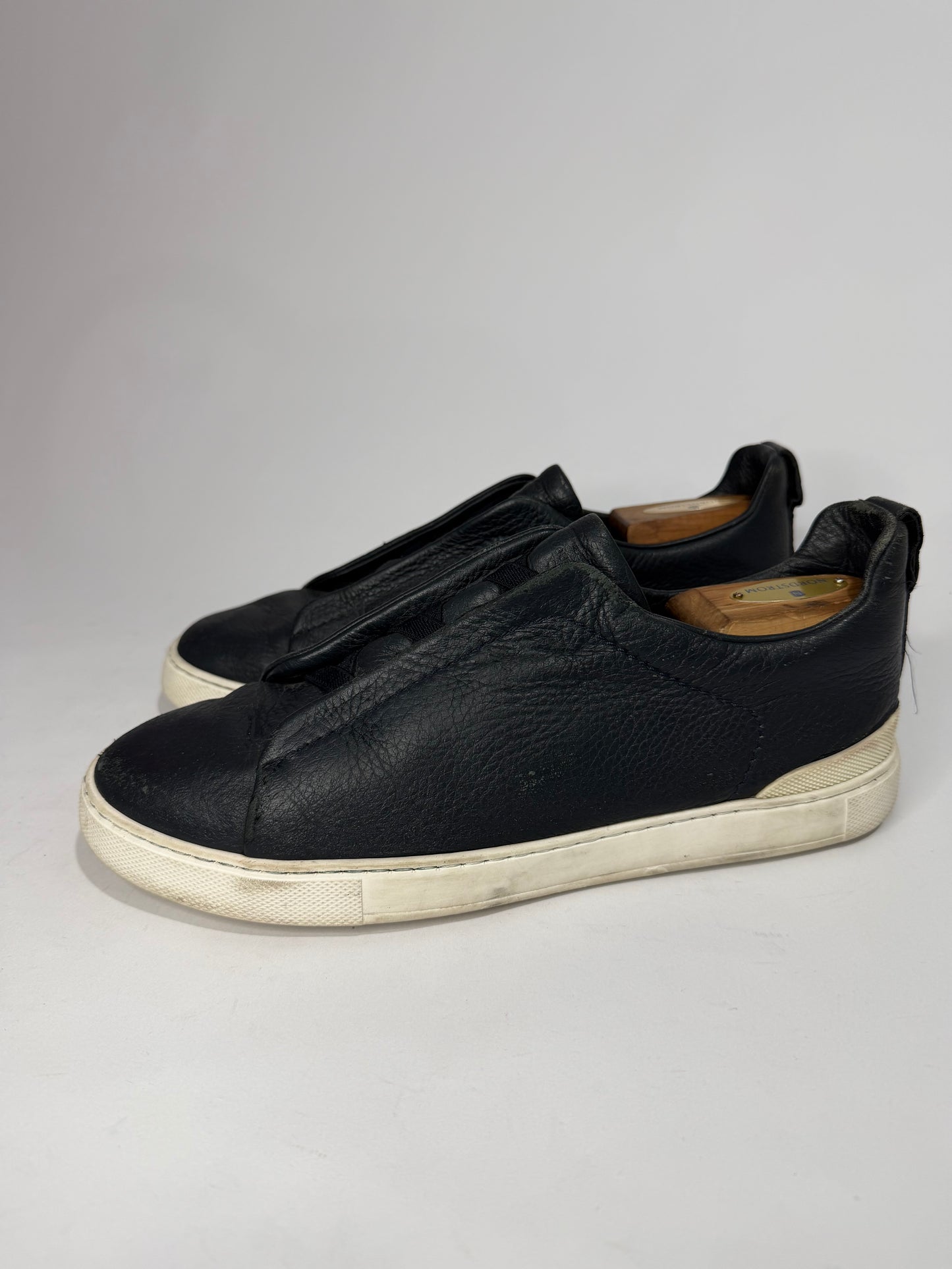 Ermenegildo Zegna Navy Leather triple stitch Slip On Sneakers Size 8 UK/ 9 US