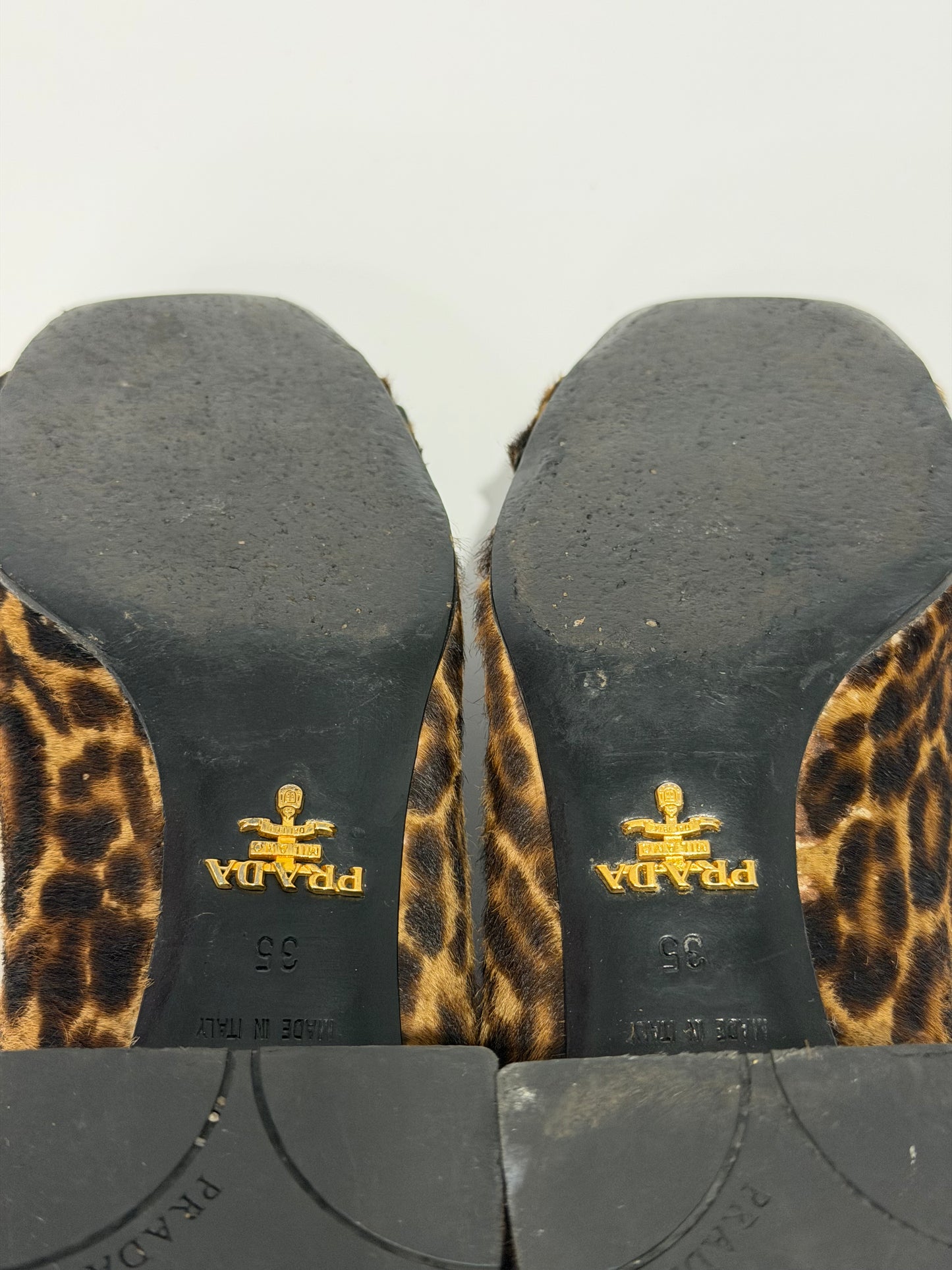 Prada Leopard Print Calf Hair Block Heel Pumps Buckle Square Toe Women’s EU 35 Made in Italy
