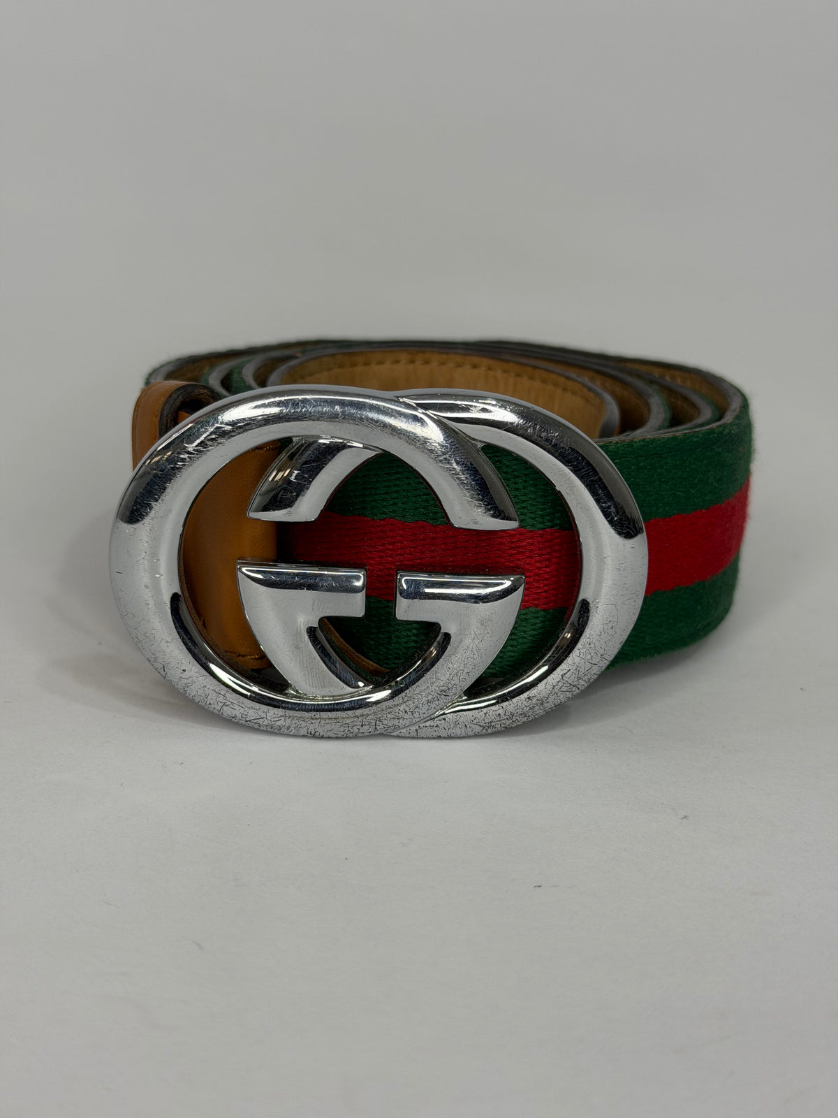 Gucci Brown Leather and Canvas Web Interlocking G Buckle Belt