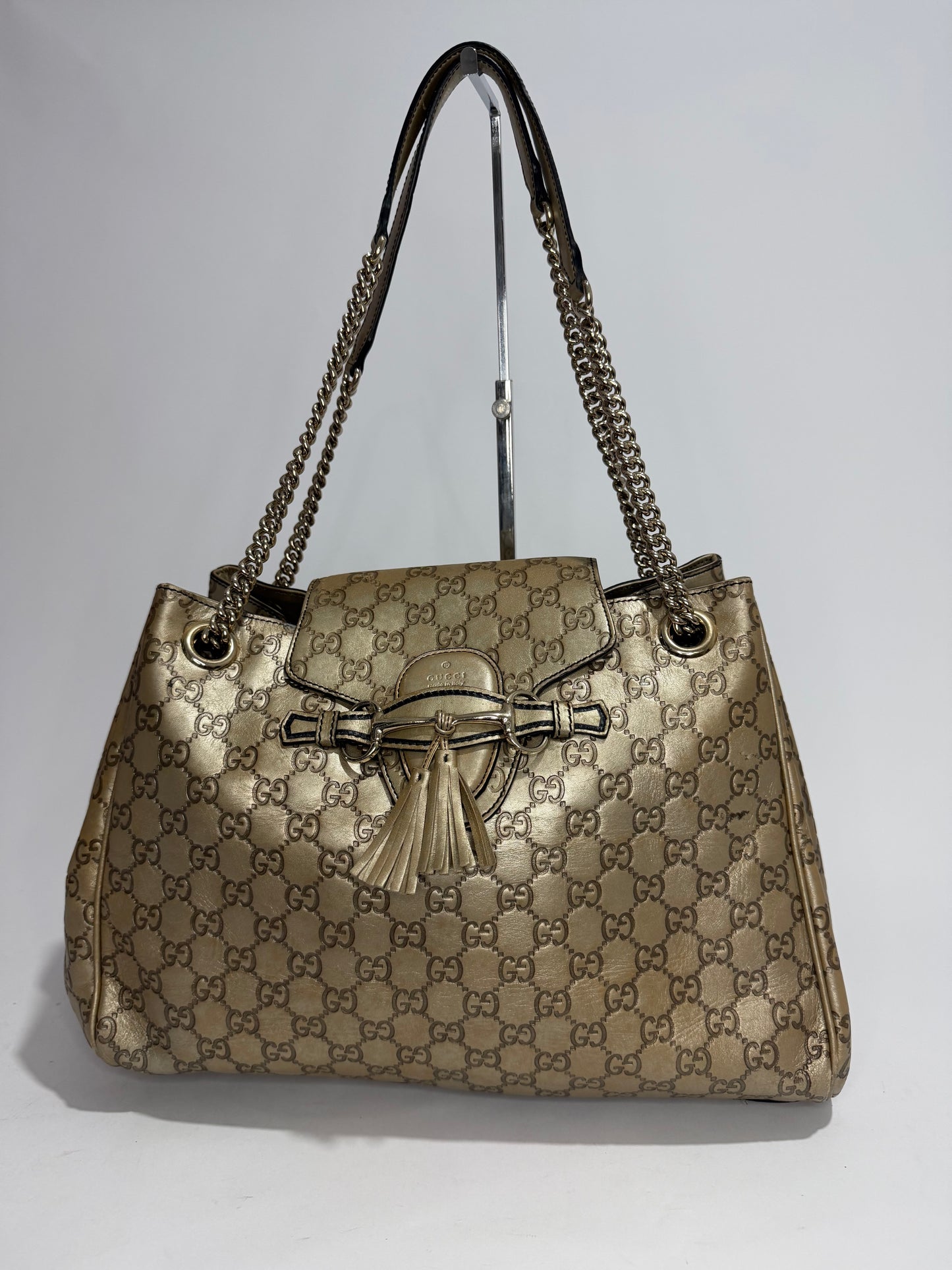 Gucci Beige Metallic Guccissima eather Large Emily Chain Shoulder Bag
