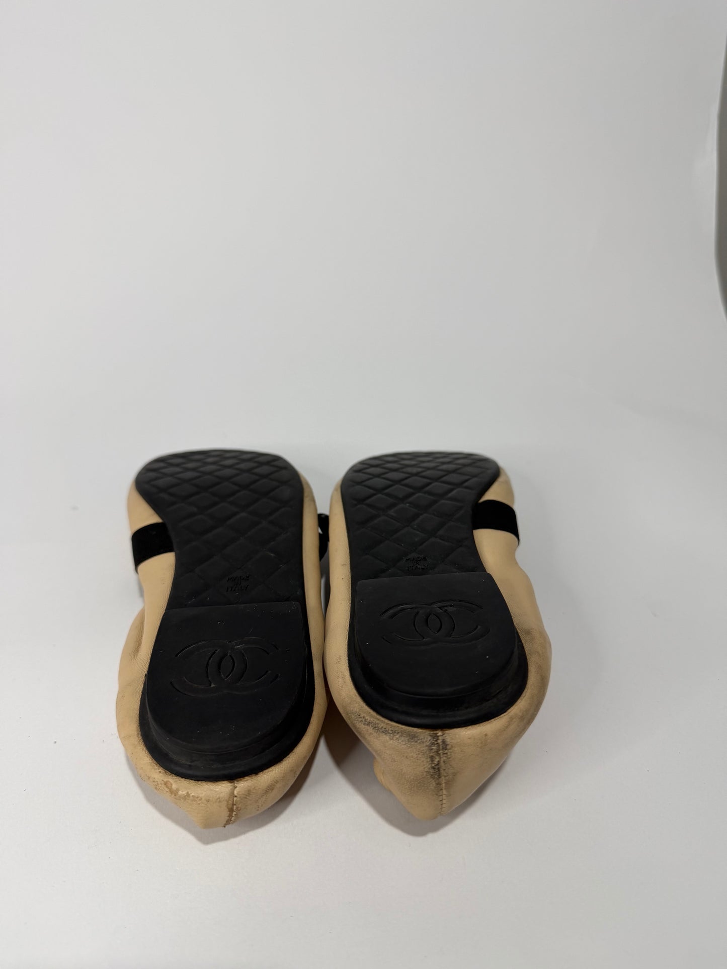 CHANEL Beige & Black Leather Mary Jane Cap Toe Ballet Flats Pearl Button Size EU 36