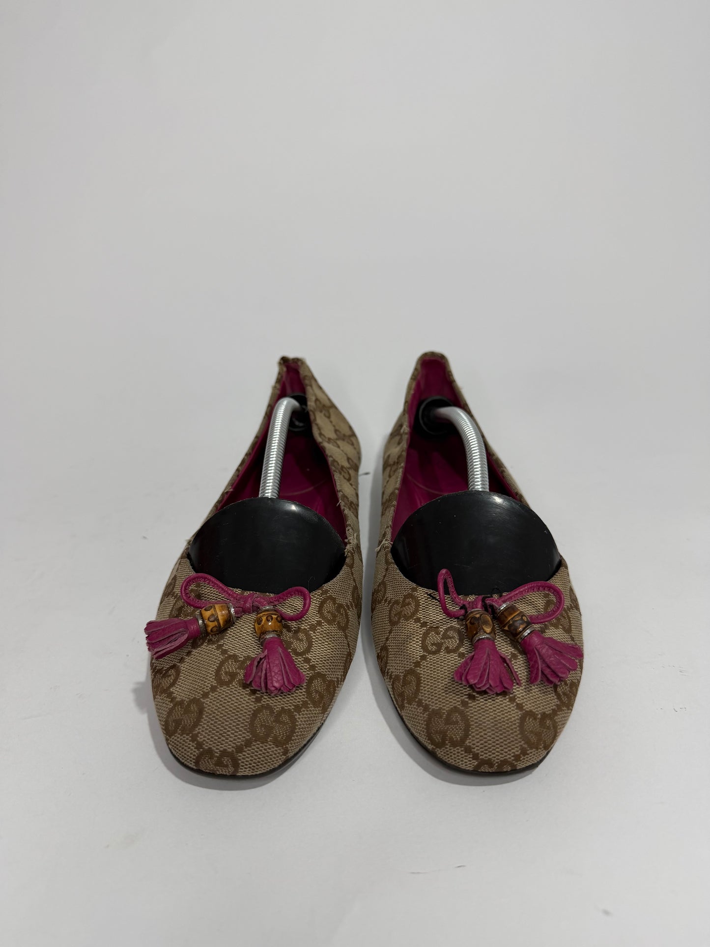 Gucci Beige/ Pink GG Canvas Bamboo Bow Tassel Ballet Flats Size 38