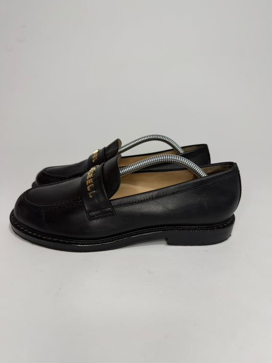 CHANEL x Pharrell Black Leather Logo Loafers Gold Hardware EU 38C