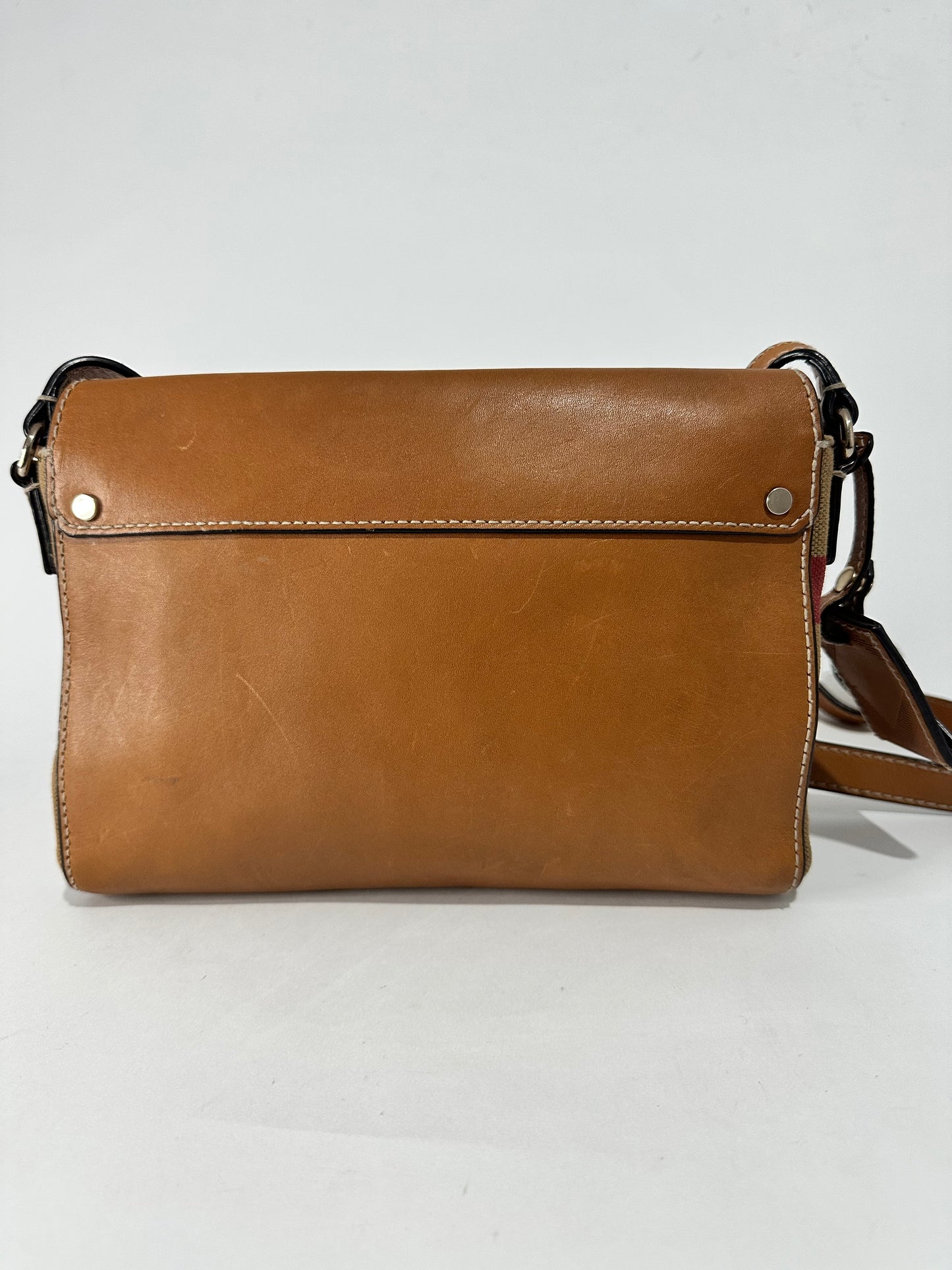 BURBERRY  Mega Check Grainy Calfskin Small Gowan Messenger Bag Brown