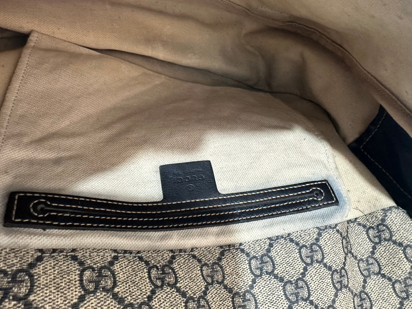 GUCCI  GG Plus Monogram Medium Double Buckle Flap Messenger Bag Beige Navy