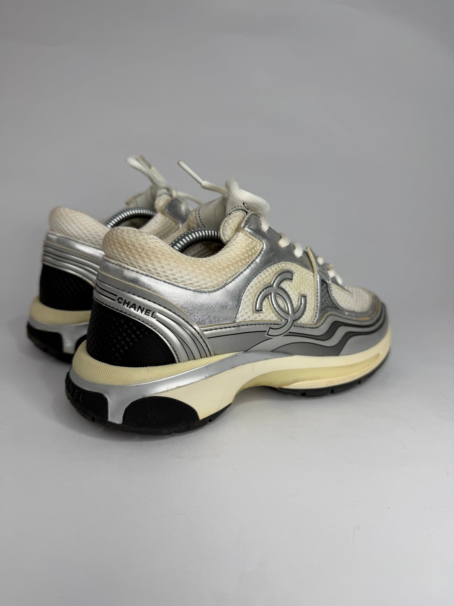 Chanel CC  Silver/White Leather and Mesh Low Top Sneakers