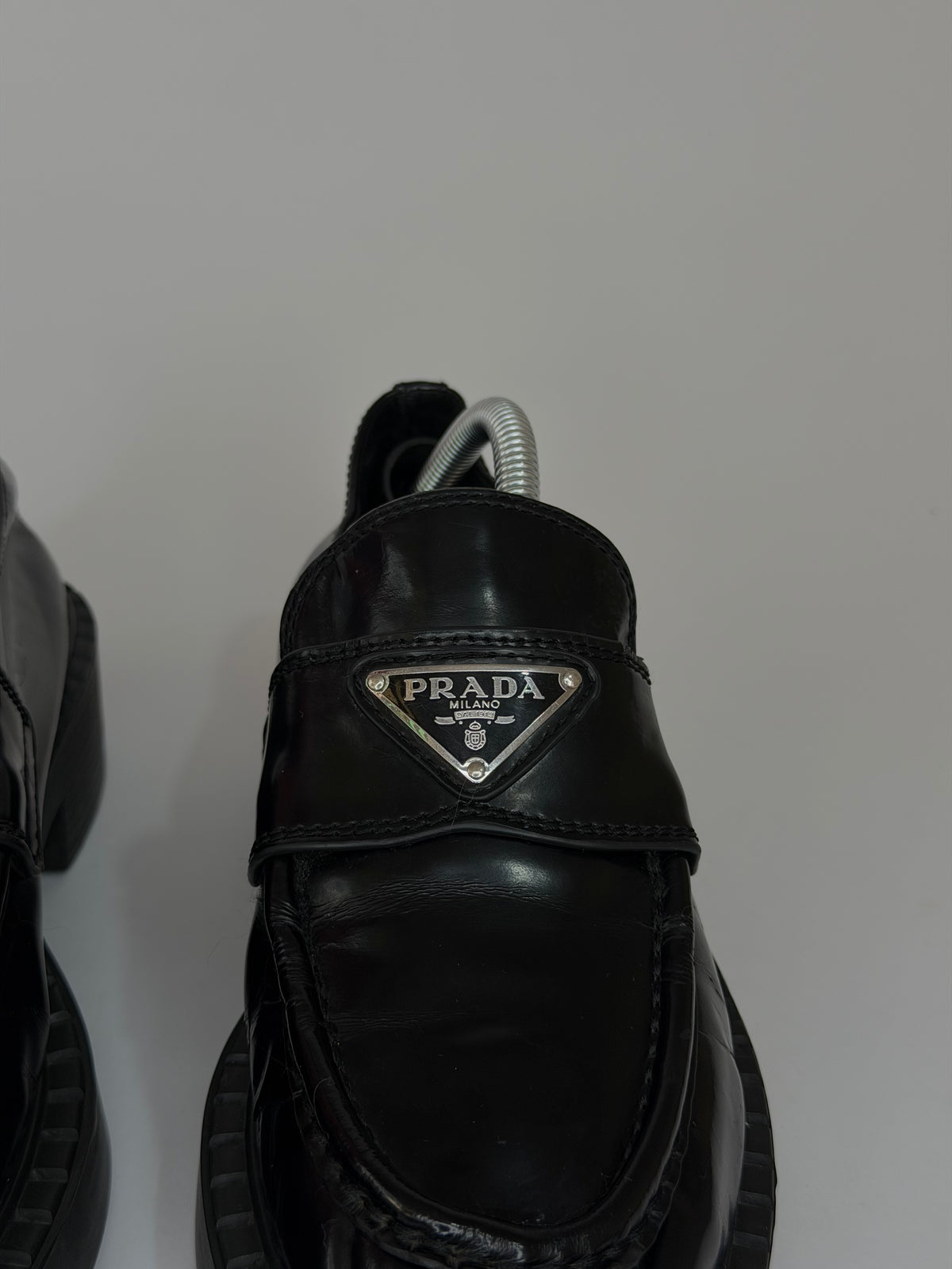 PRADA Vernice Metal Triangle Logo 50mm Loafers Size 37 EU/7 US/ 4 UK