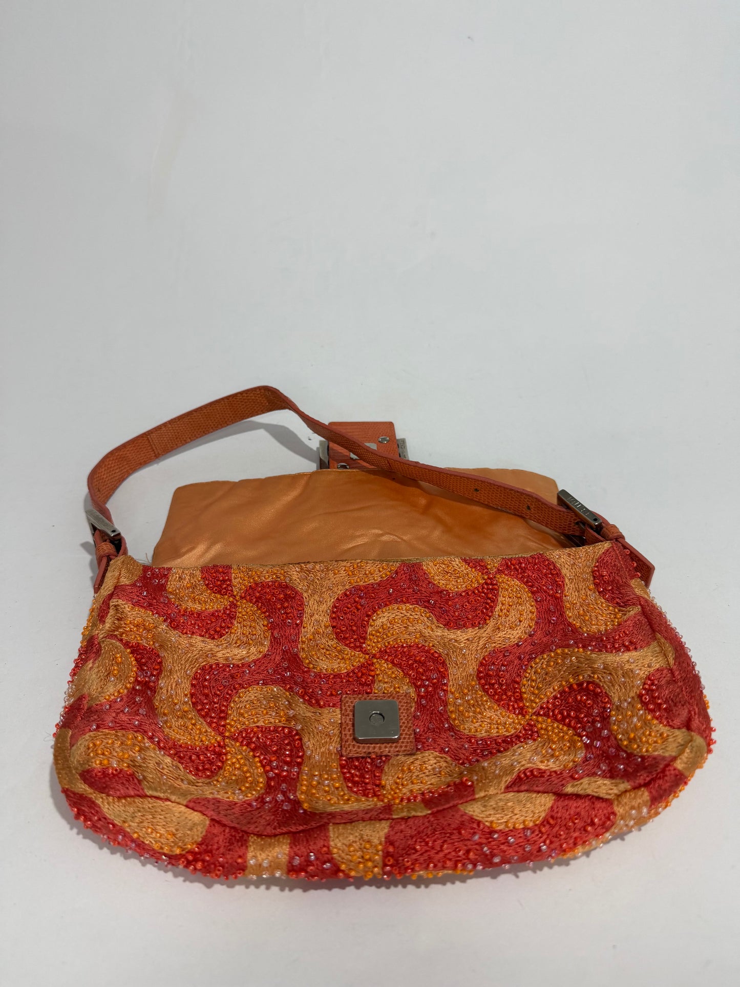 FENDI BEADED SWIRL SHOULDER BAGUETTE BAG IN ORANGE