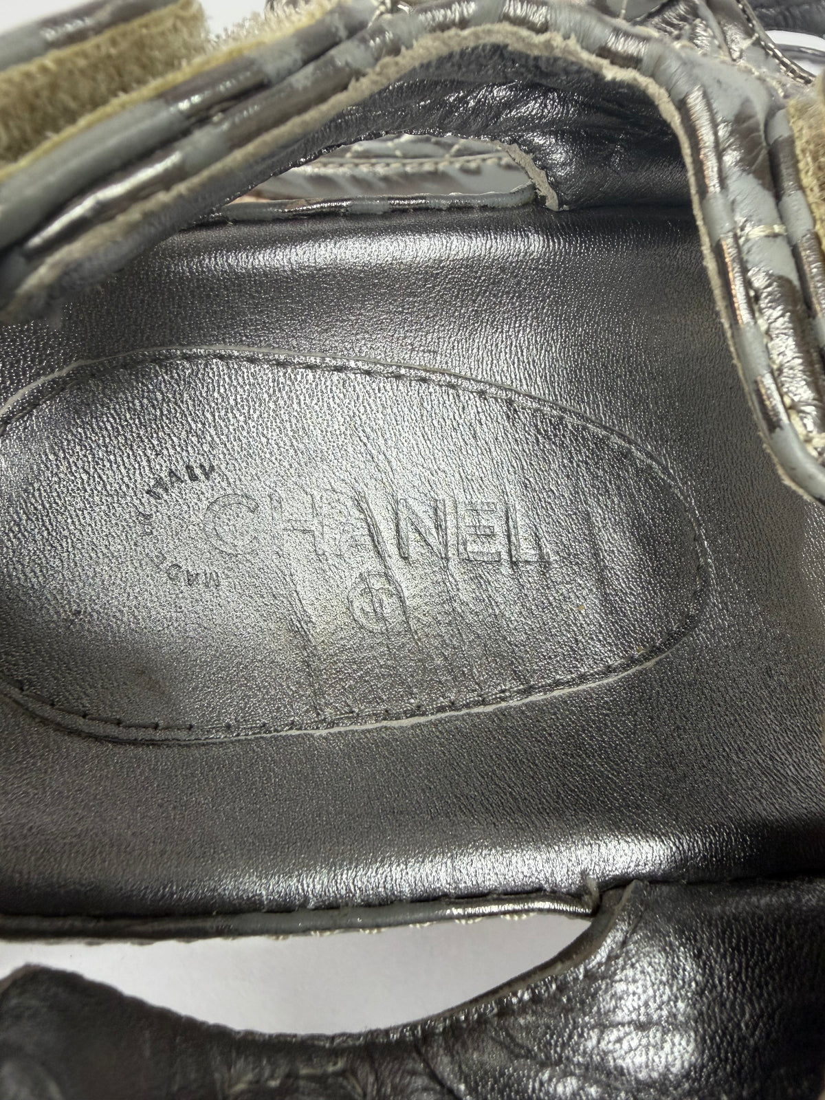 Chanel Metallic Silver Quilted CC Logo Double-Strap Sandals Size 38 EU/ 8 US