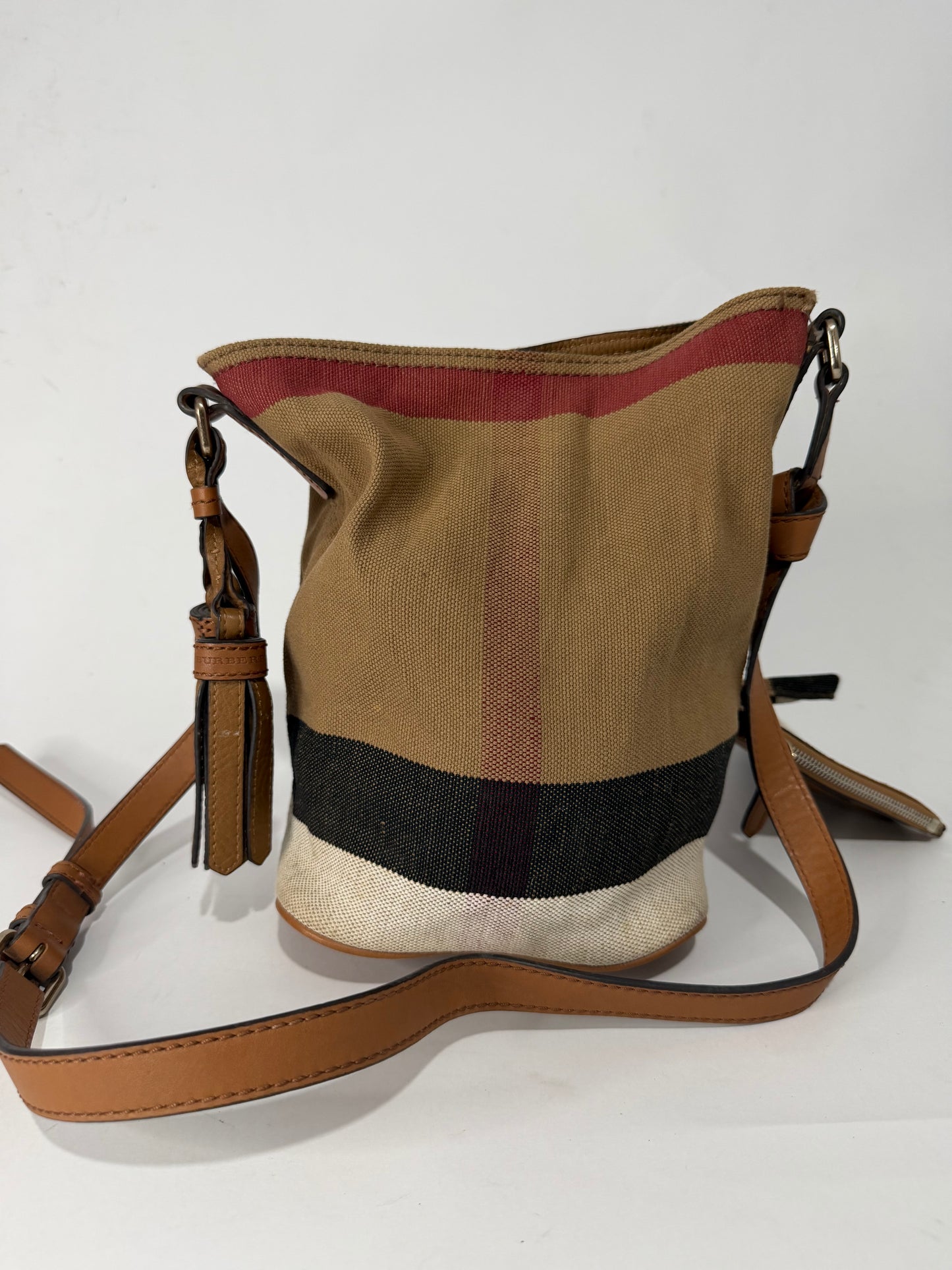 BURBERRY Canvas Mega Check Mini Ashby Tassel Crossbody Brown