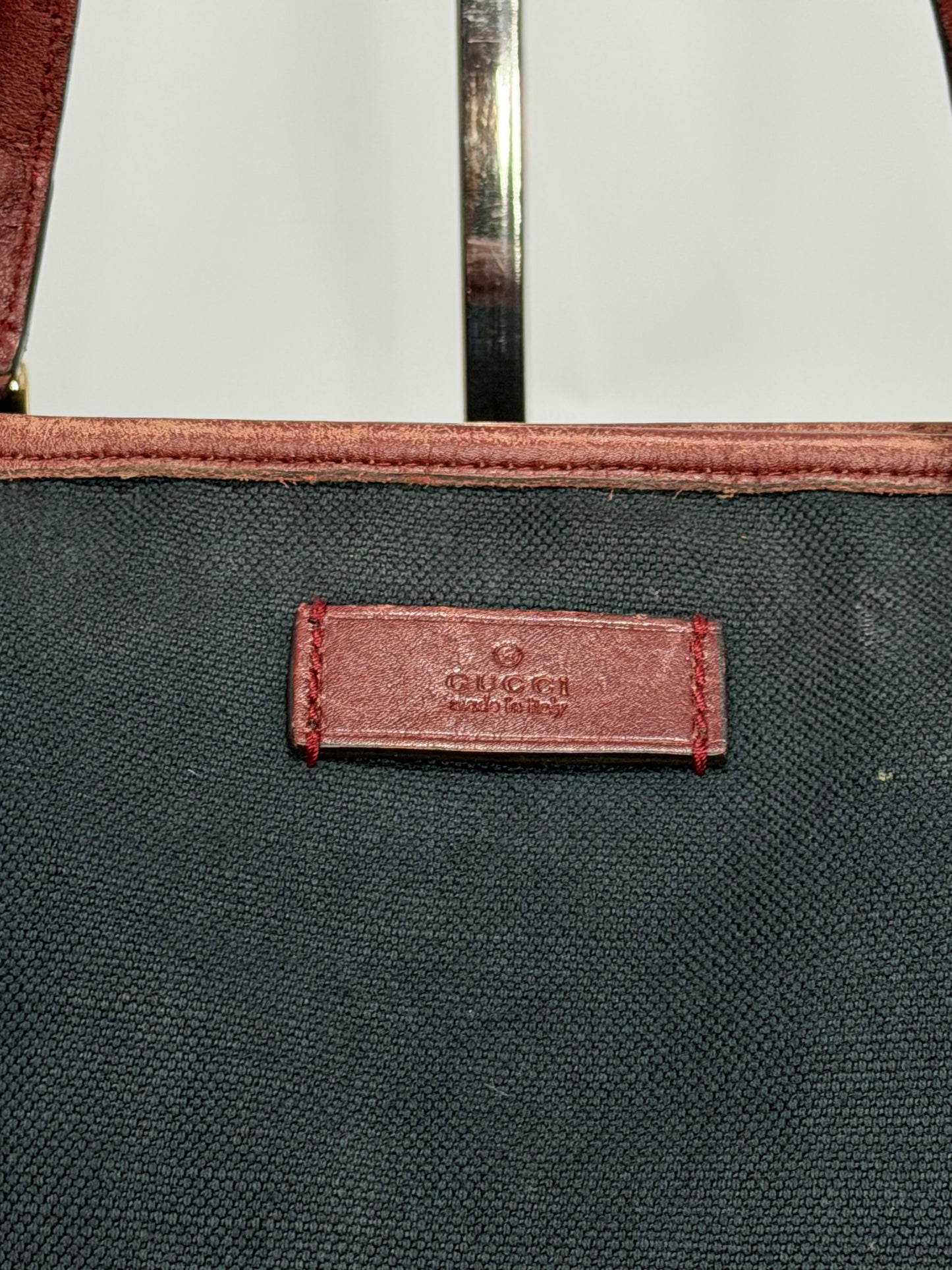 Vintage Gucci Canvas Tote Bag with Red GG Embossed Leather Straps