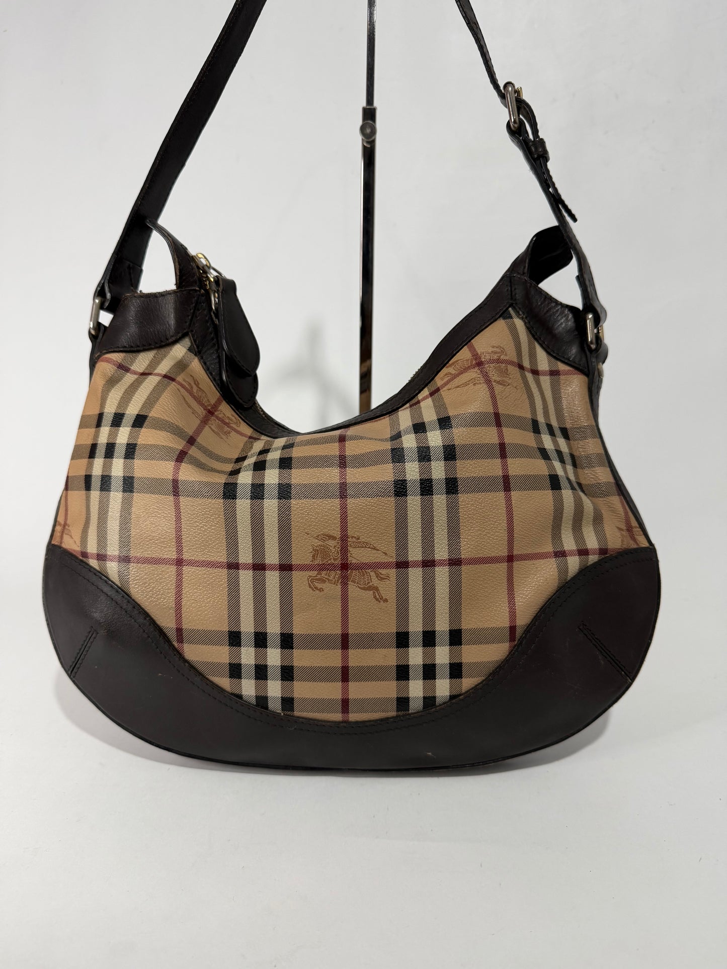 BURBERRY
Chocolate Leather Haymarket Check Coated Canvas Dachett Medium Hobo Bag