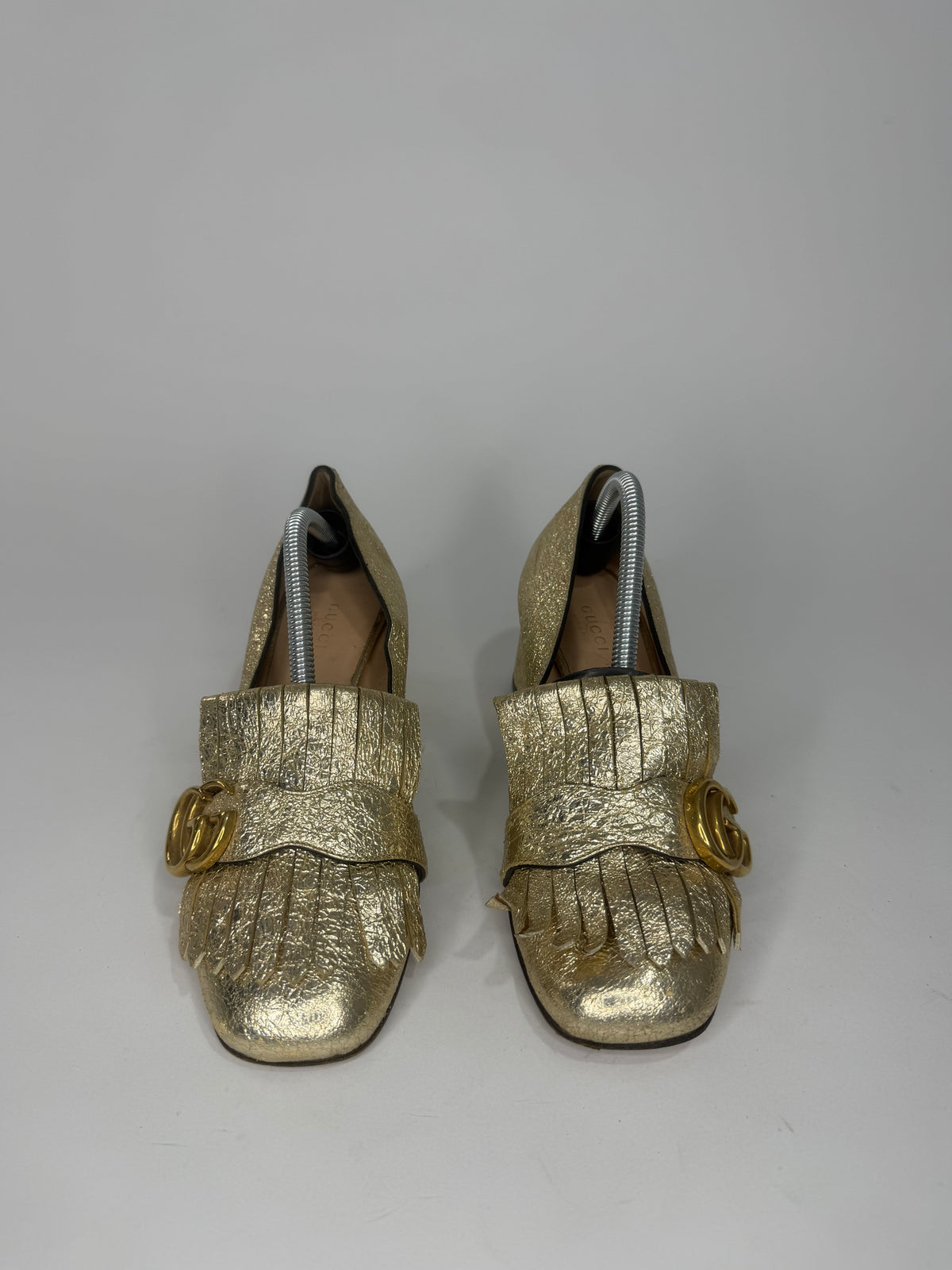 Gucci Metallic Gold Crinkled Leather GG Marmont Fringe Detail Pumps Size 36.5 EU/ 6.5US/ 3.5 UK
