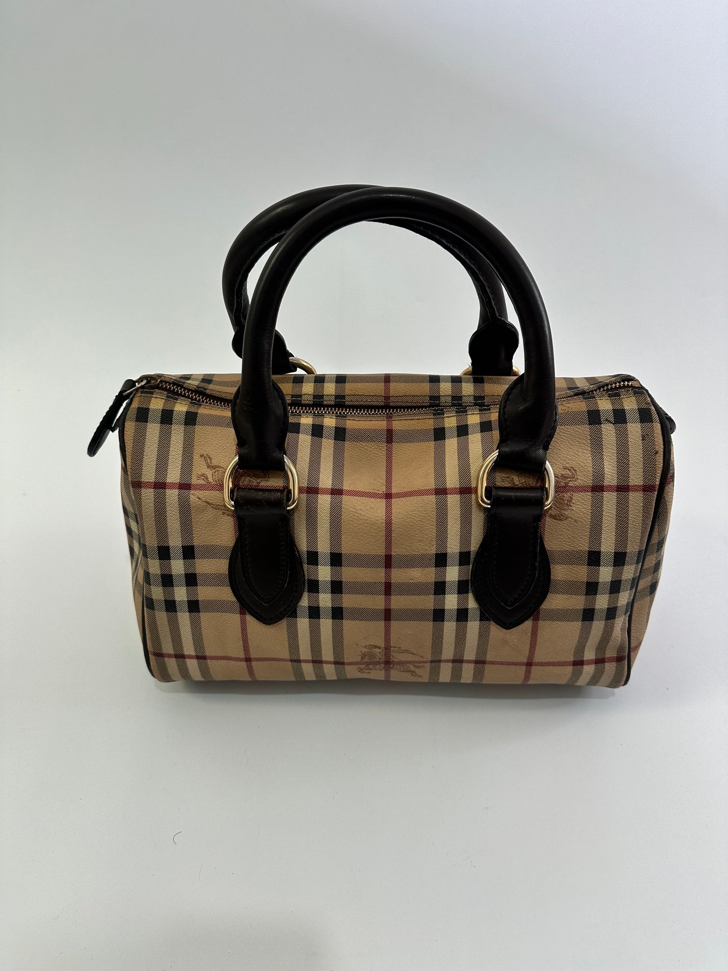 Burberry Brown Canvas Leather Horse Ferry Check Boston Bag