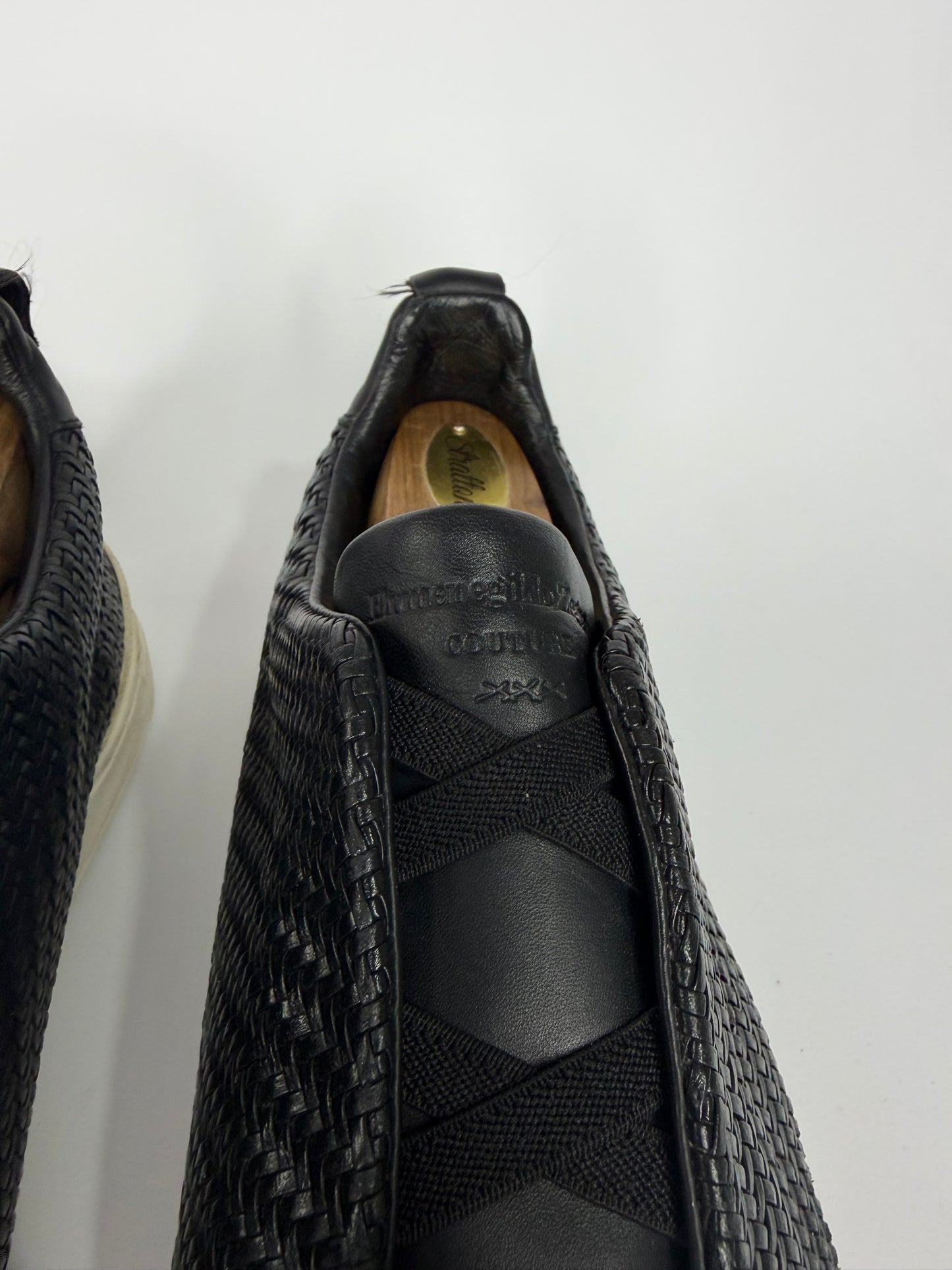 Ermenegildo Zegna Couture Black Woven Leather Pelle Tessuta Slip On Sneakers Size 8 UK/ 9 US