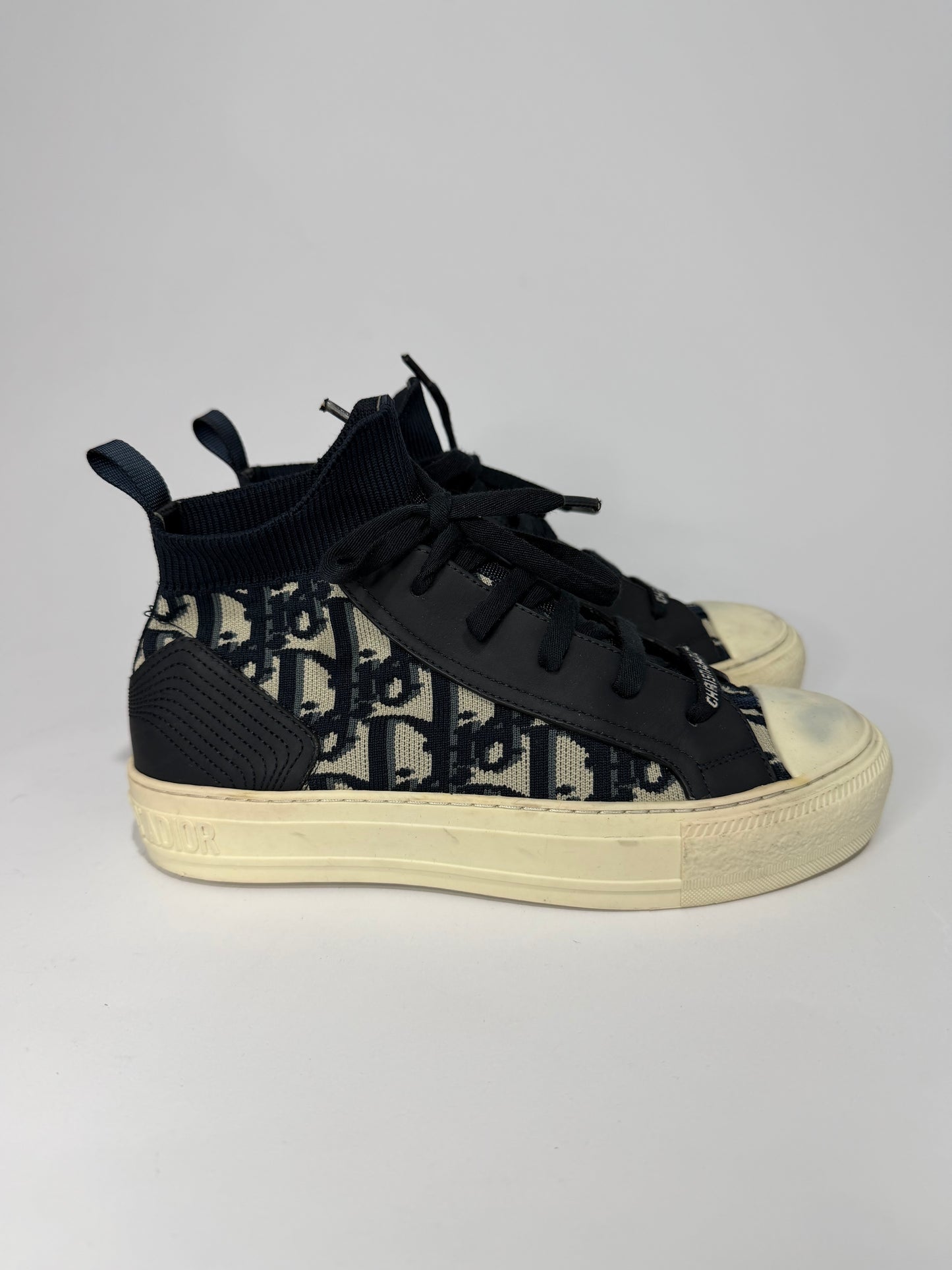 Dior Navy Blue Leather and Knit Fabric Walk n Dior High Top Sneakers Size