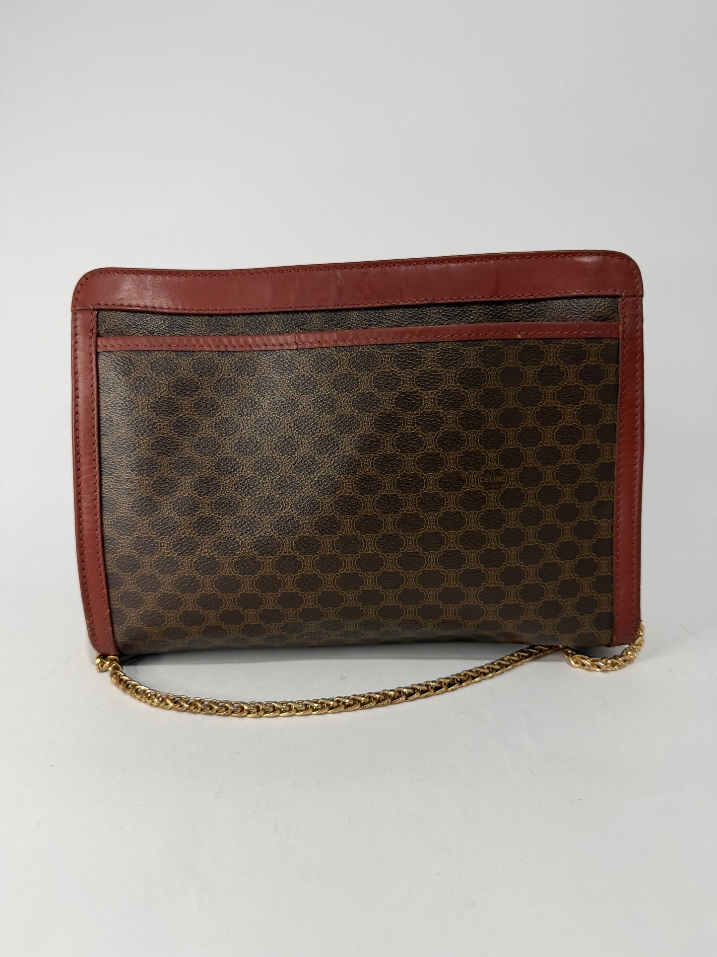 Celine Vintage Macadam Chain Clutch / Crossbody Bag Brown PVC & Leather
