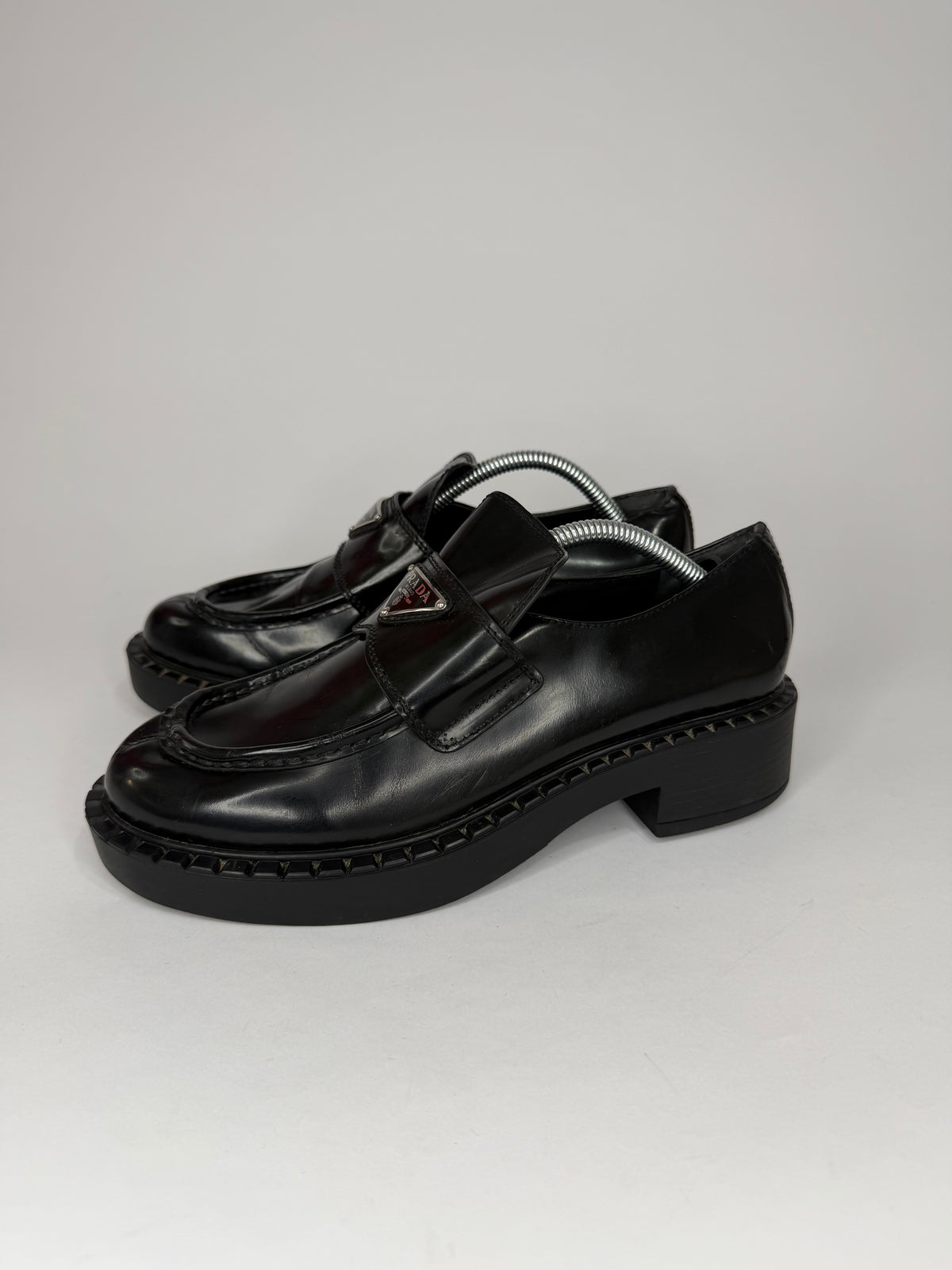 PRADA Vernice Metal Triangle Logo 50mm Loafers Size 38 EU/8 US/ 5 UK