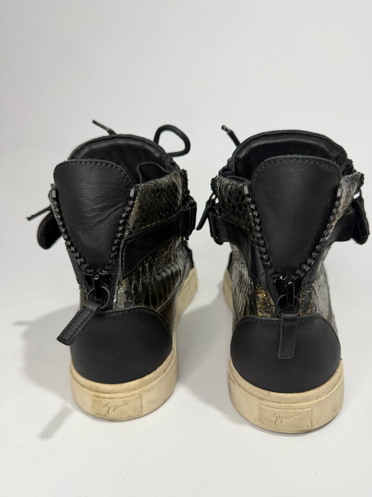 Giuseppe Zanotti Black/Gold Python Embossed Leather Double Zip High Top Sneakers Size 43 EU