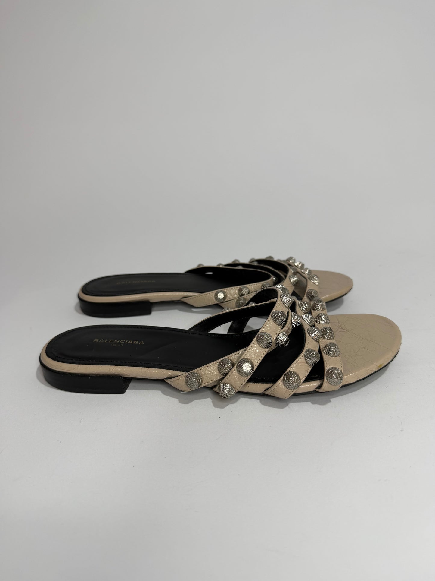 Balenciaga Beige Leather Arena Giant Studded Flat Slides Size 36