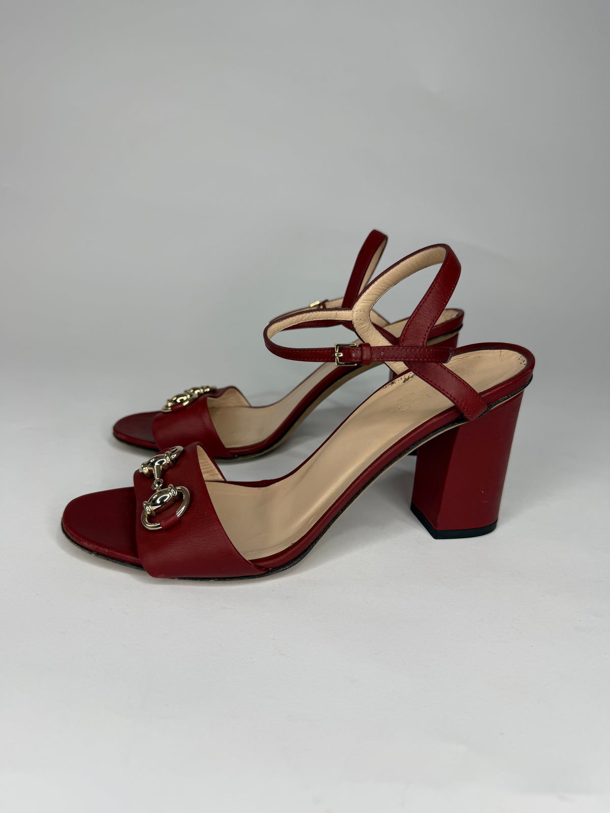 Gucci Red Leather Horsebit Open Toe Block Heel Ankle Strap Sandals Size 36.5 EU