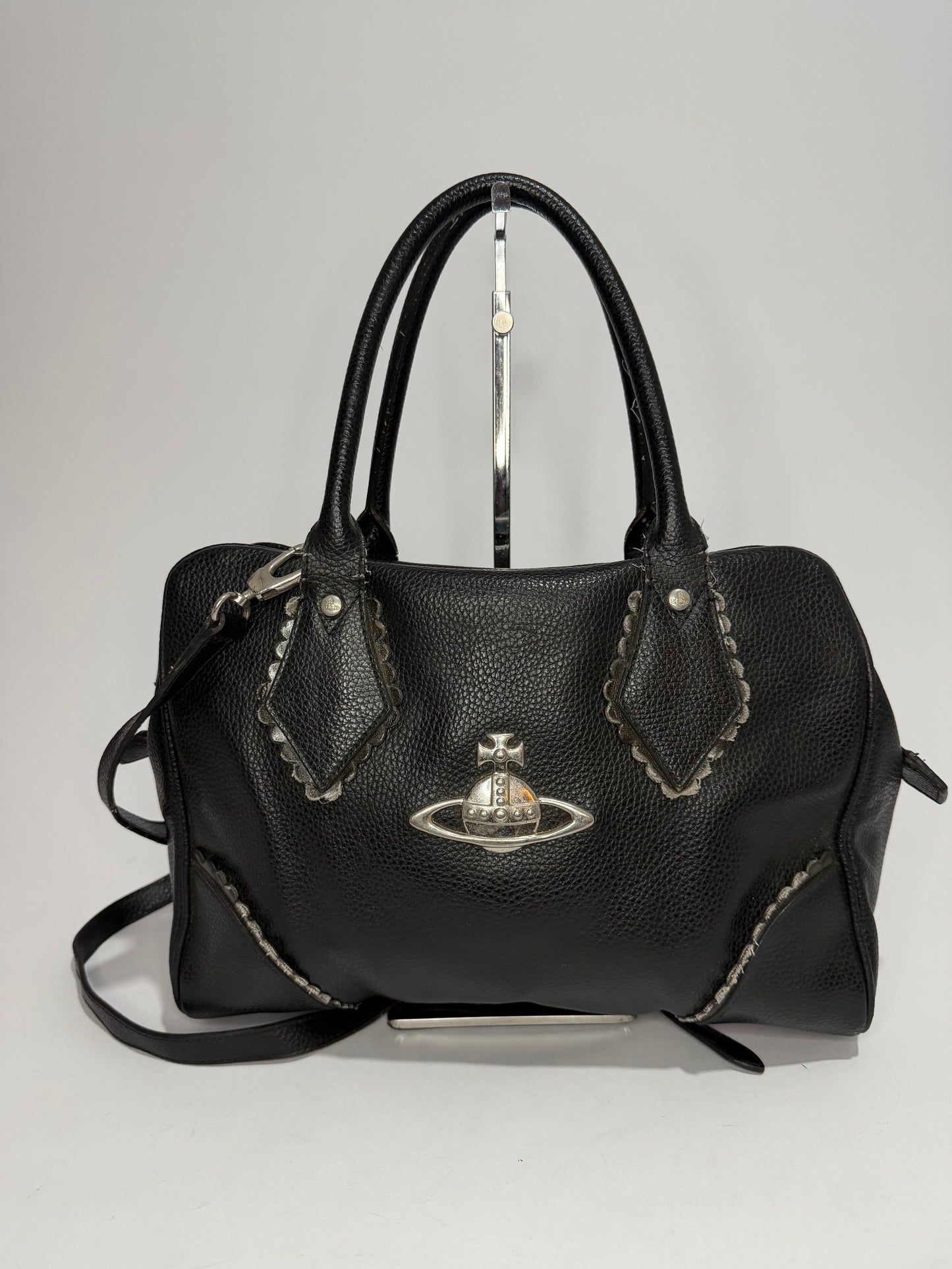 Vivienne Westwood Black Pebbled Leather Orb Logo Handbag with Shoulder Strap