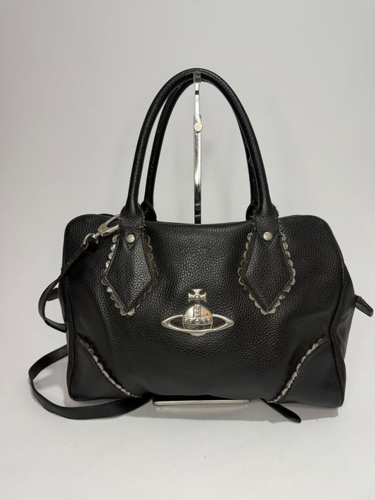 Vivienne Westwood Black Pebbled Leather Orb Logo Handbag with Shoulder Strap