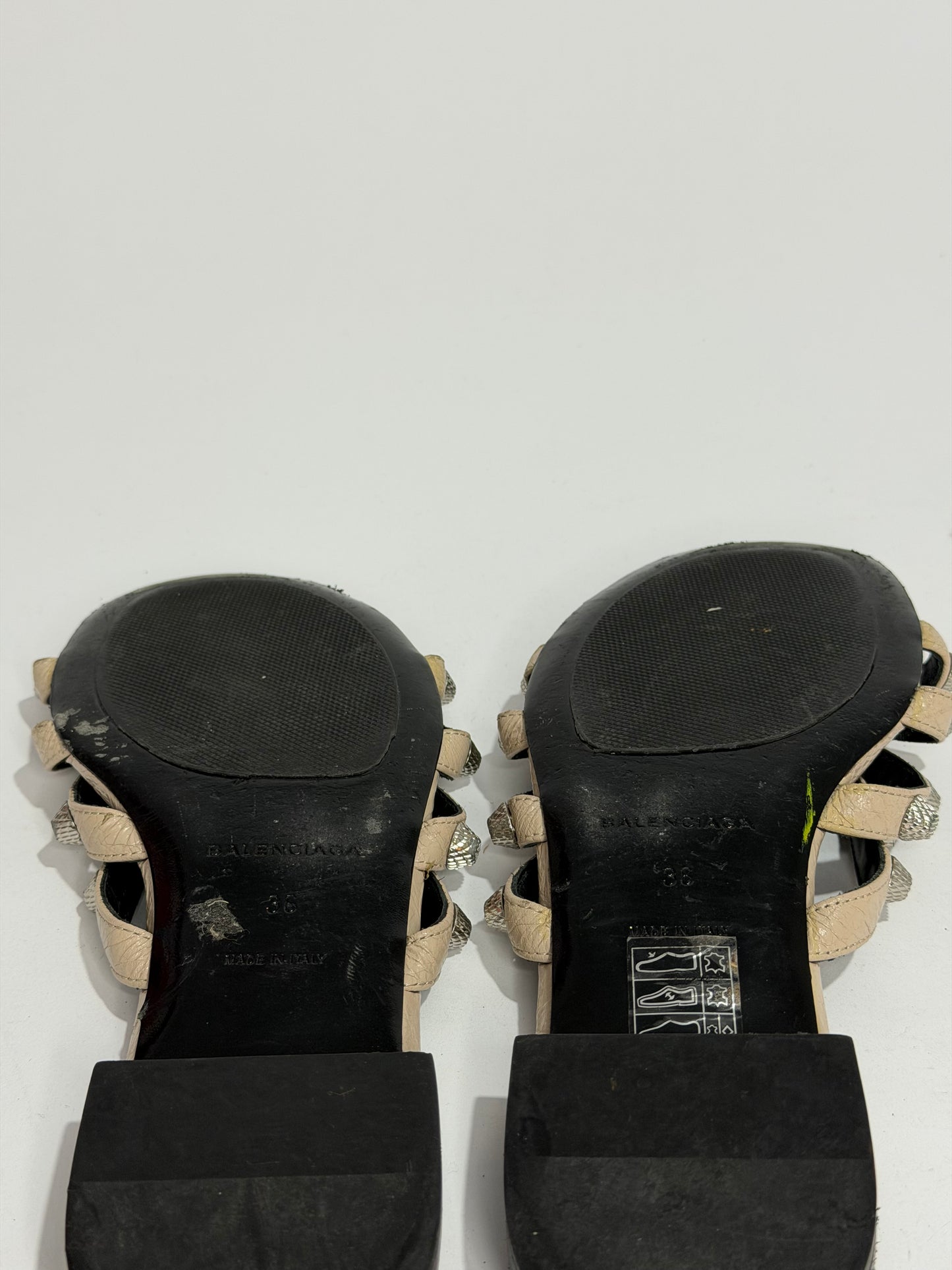 Balenciaga Beige Leather Arena Giant Studded Flat Slides Size 36
