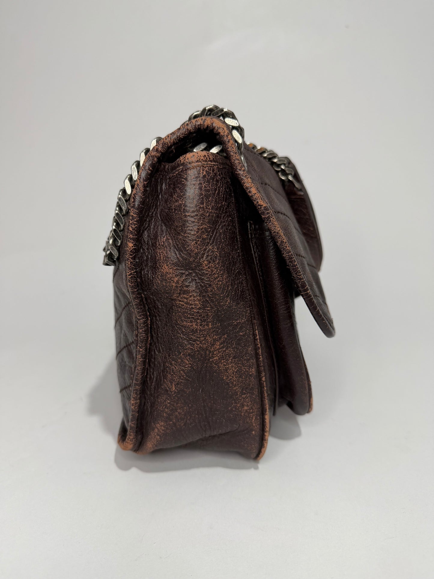 SAINT LAURENT
Crinkled Calfskin Matelasse Monogram Medium Niki Chain Satchel Brown