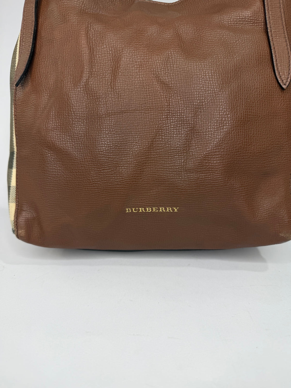 BURBERRY
Brown Leather And House Check Canvas Small Canterbury Tote Bag
