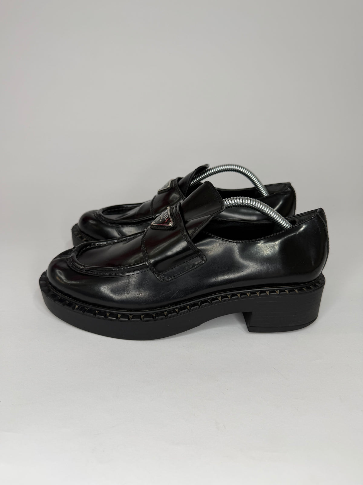 PRADA Vernice Metal Triangle Logo 50mm Loafers Size 38 EU/8 US/ 5 UK