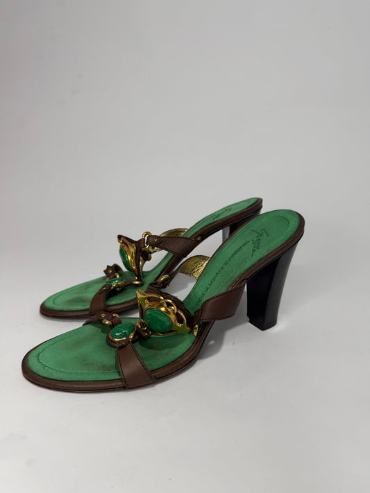 Giuseppe Zanotti Green Suede & Brown Leather Embellished Mule Heels EU 40/ 7 UK / 10 US