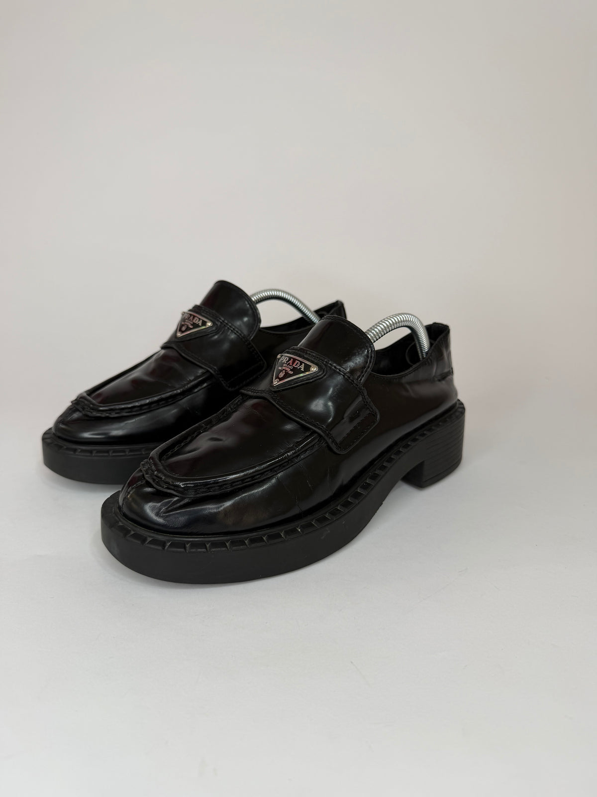 PRADA Vernice Metal Triangle Logo 50mm Loafers Size 37 EU/7 US/ 4 UK